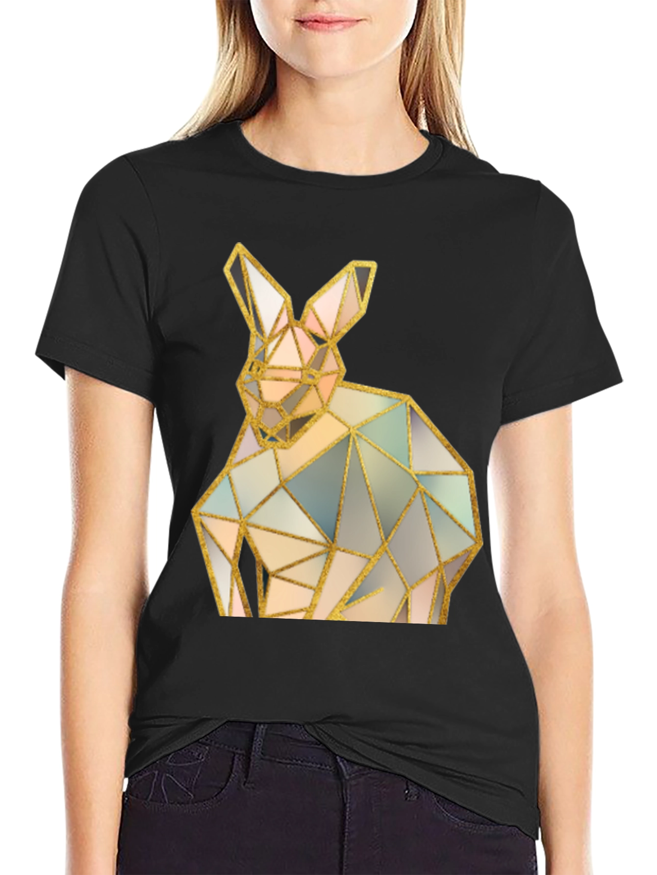 Geometric Rabbit Graphic Black T-Shirt
