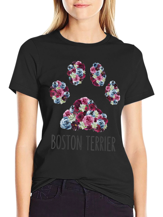 Boston Terrier Paw Print Floral T-Shirt