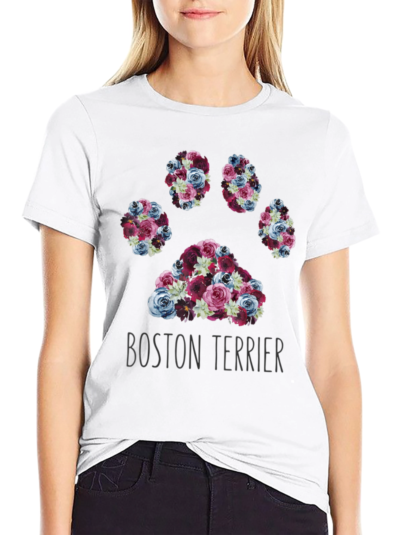 Boston Terrier Paw Print Floral T-Shirt