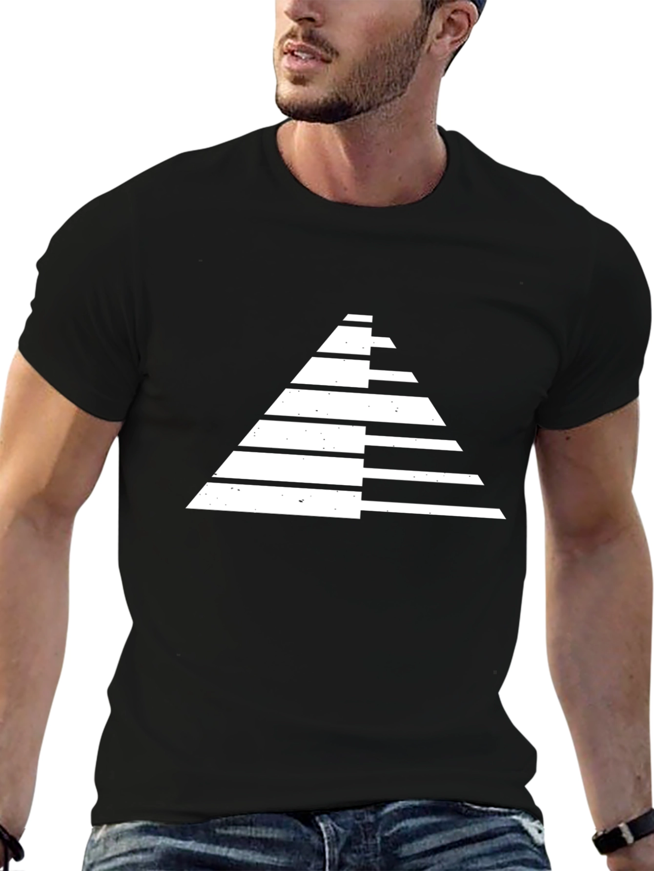 Modern Geometric Pyramid Graphic Tee - Black