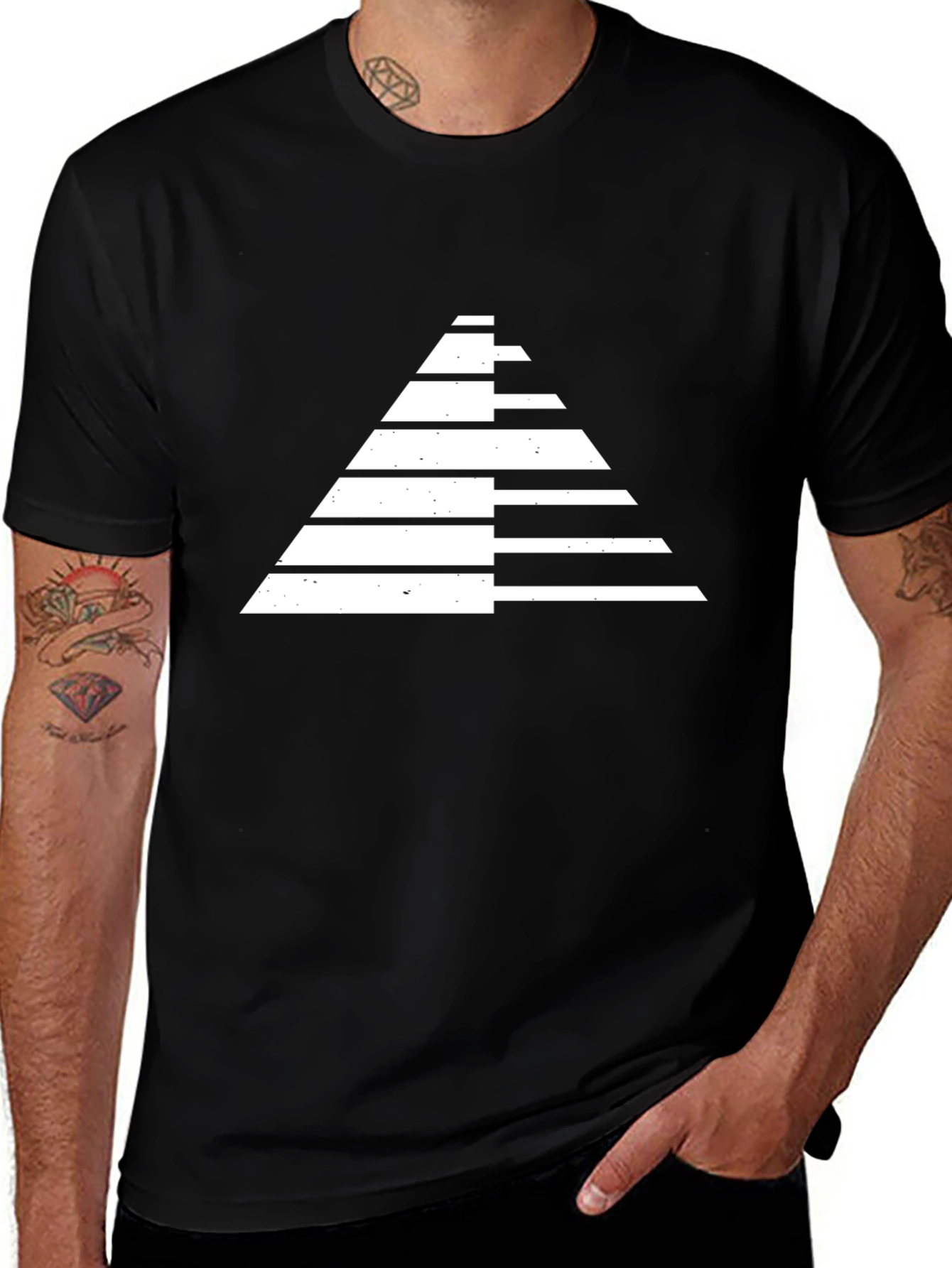 Modern Geometric Pyramid Graphic Tee - Black