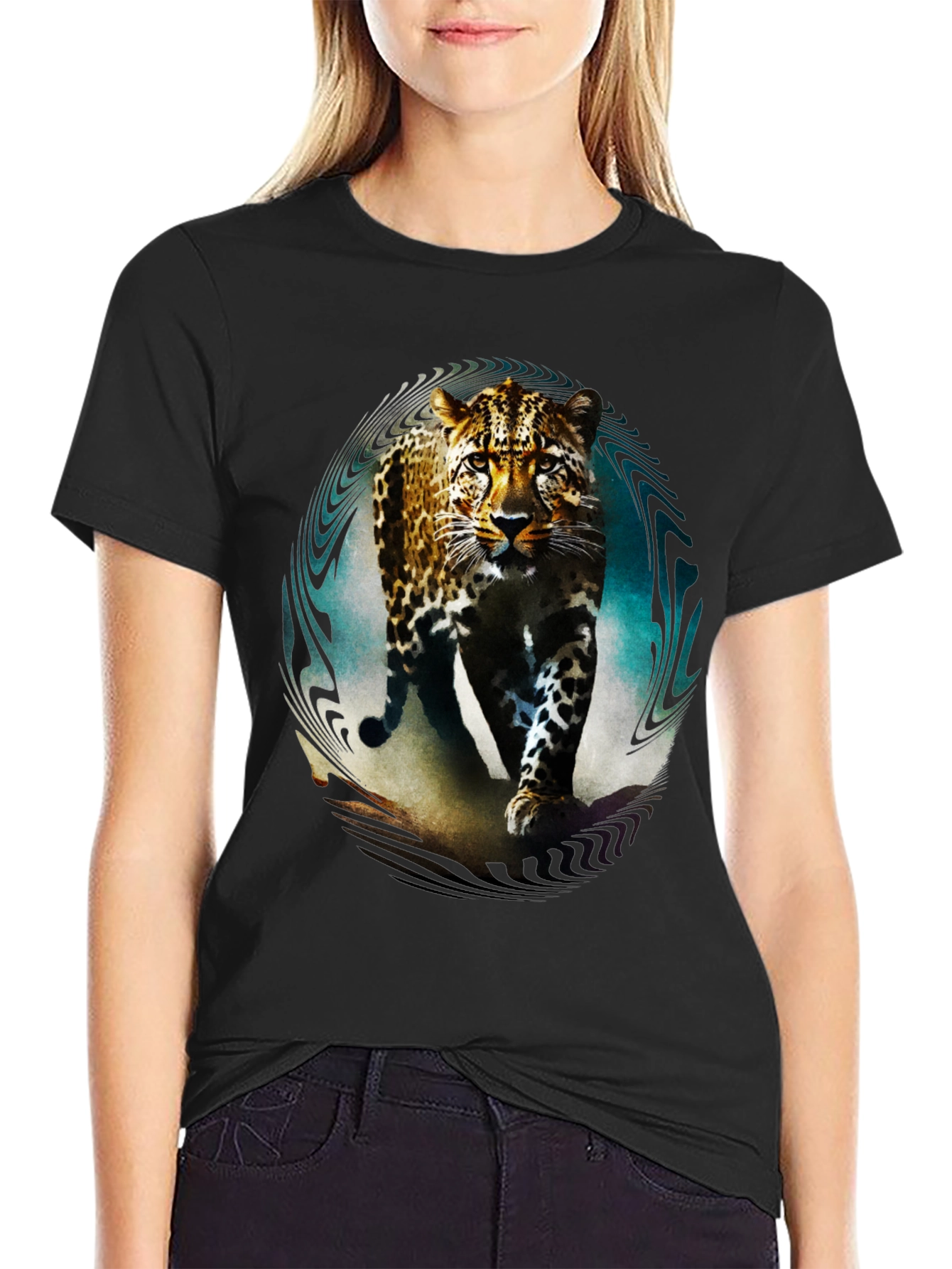 Leopard Graphic Print Mens Black T-Shirt