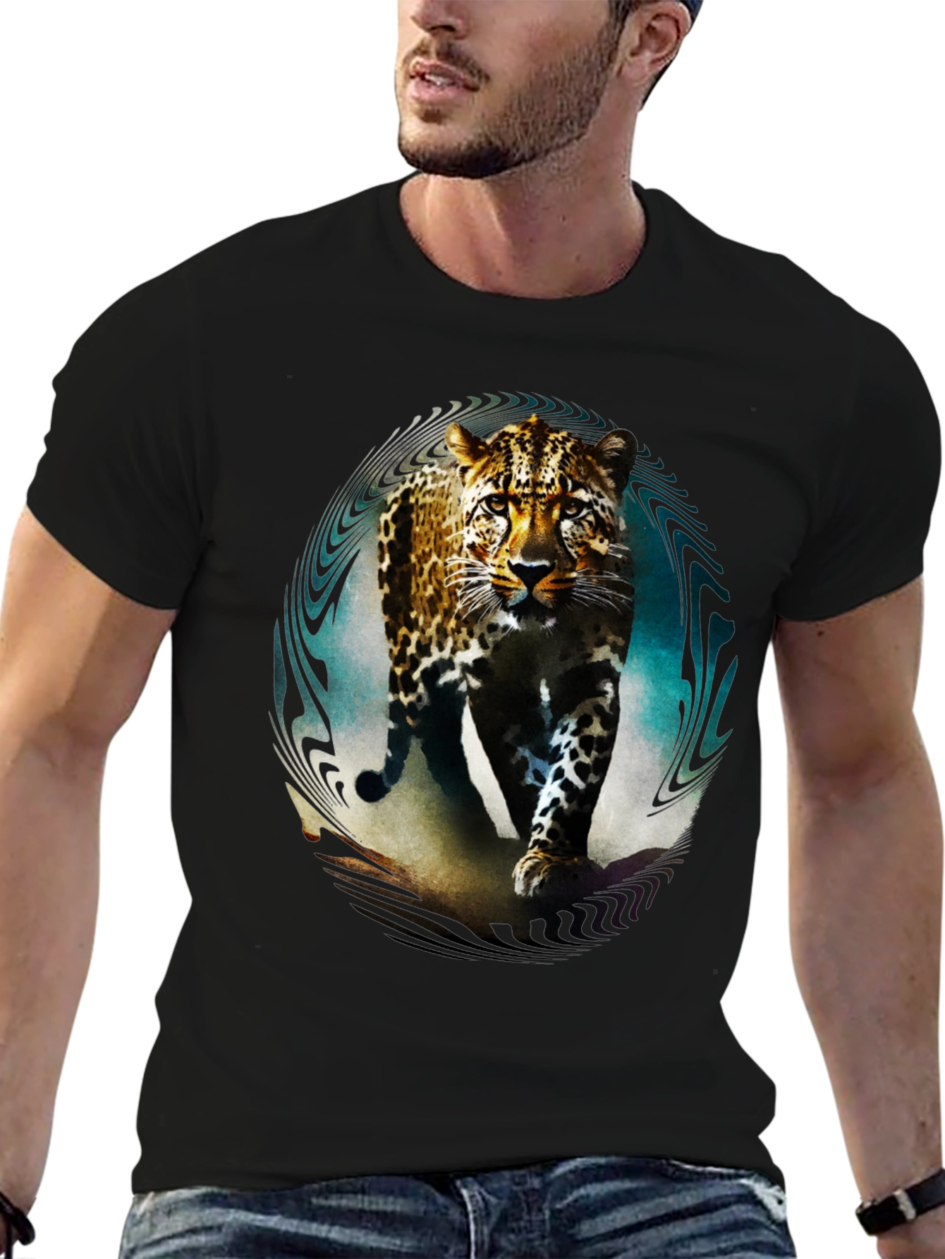 Leopard Graphic Print Mens Black T-Shirt