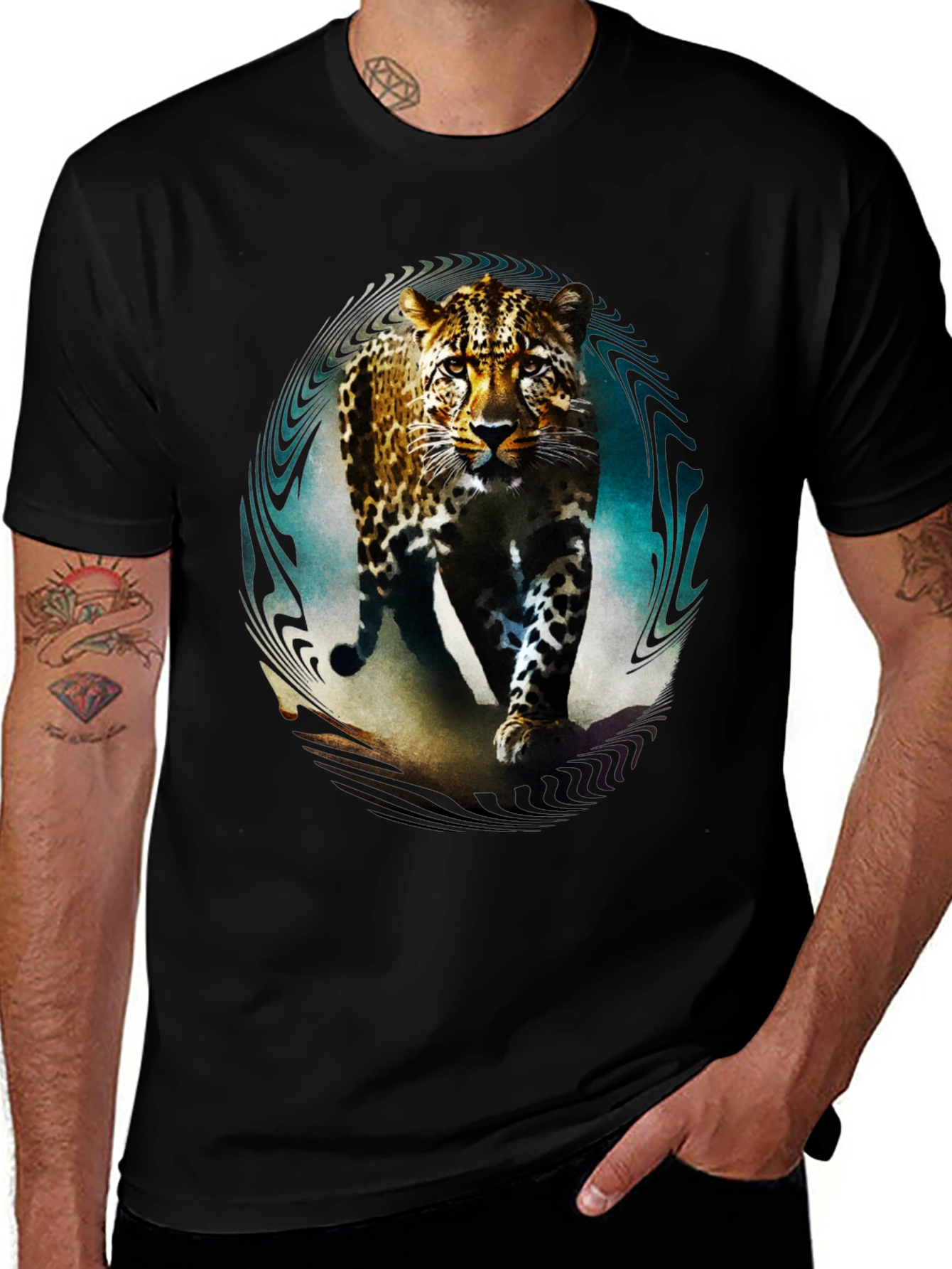 Leopard Graphic Print Mens Black T-Shirt