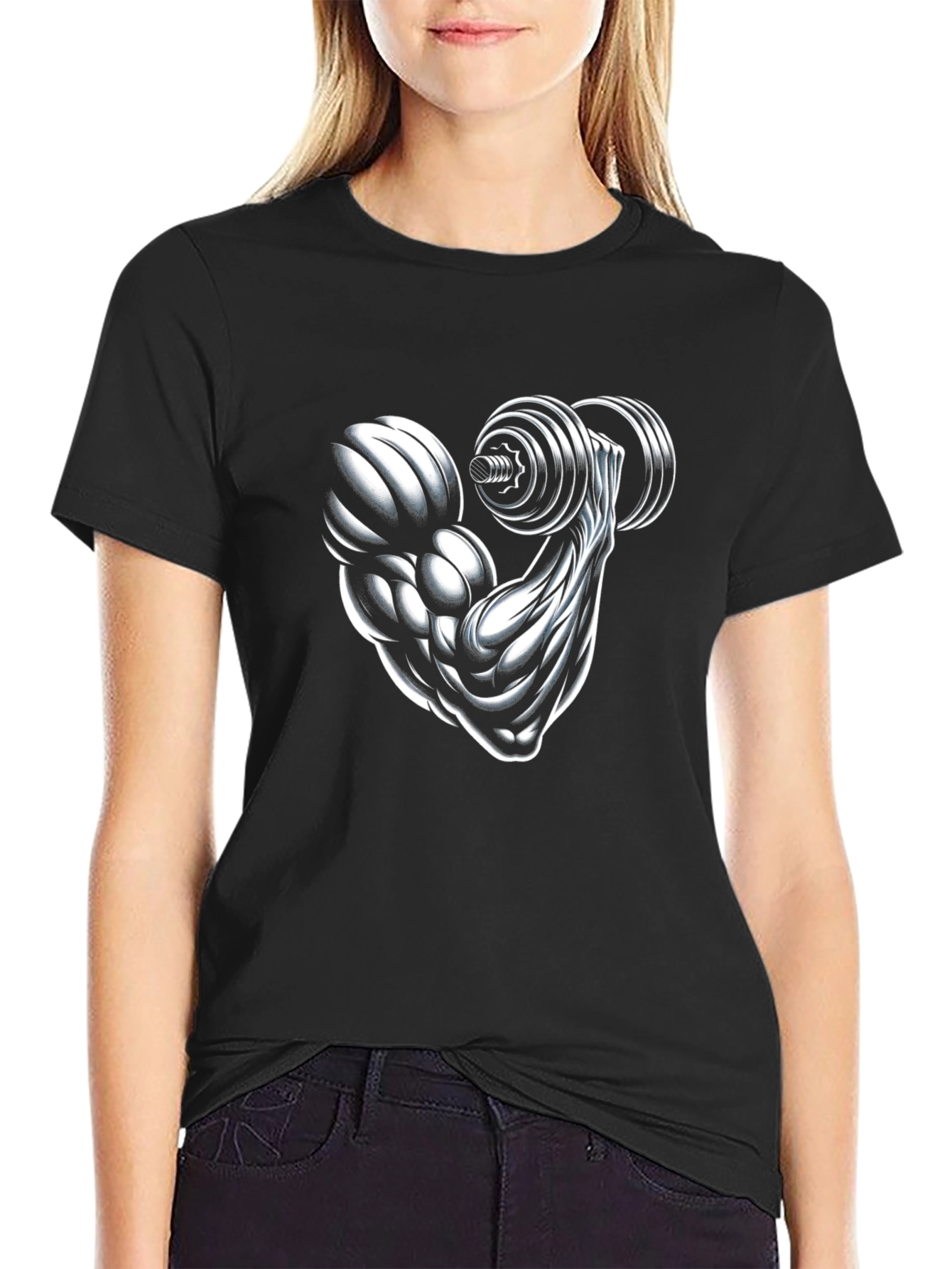 Muscle Arm Dumbbell Graphic Print Tee - Black