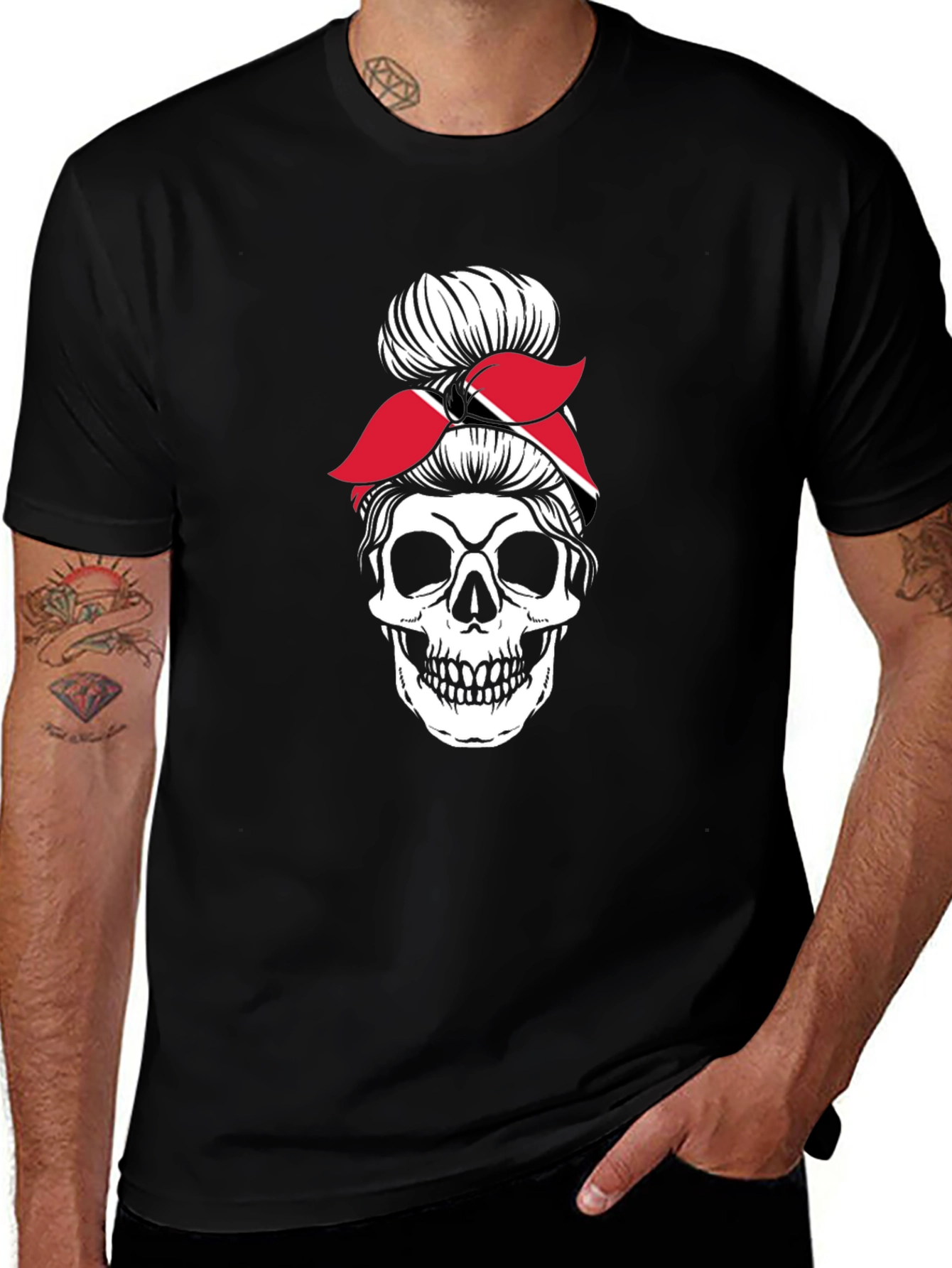 Skull Messy Bun T-Shirt - Trinidad & Tobago Flag