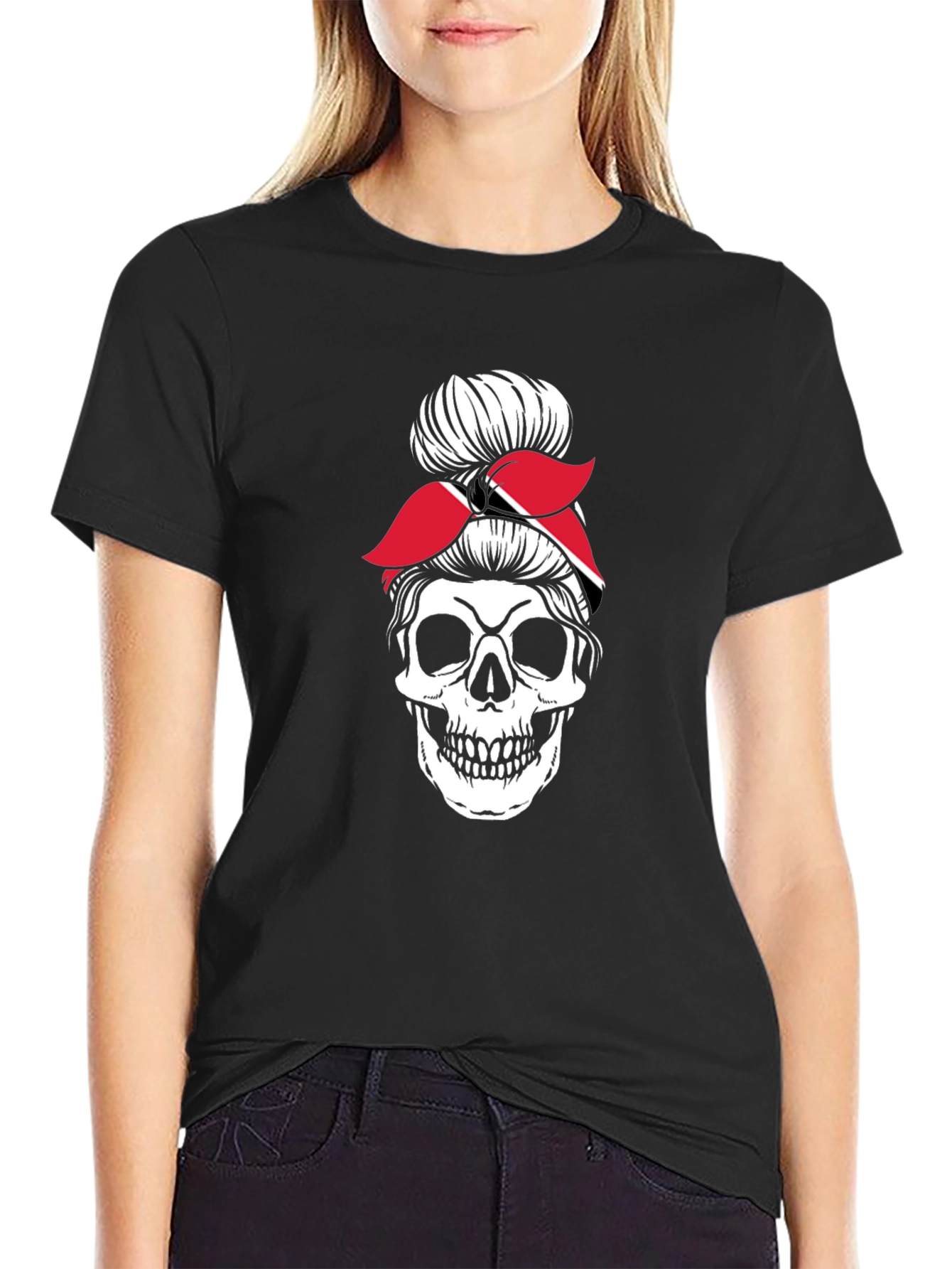 Skull Messy Bun T-Shirt - Trinidad & Tobago Flag