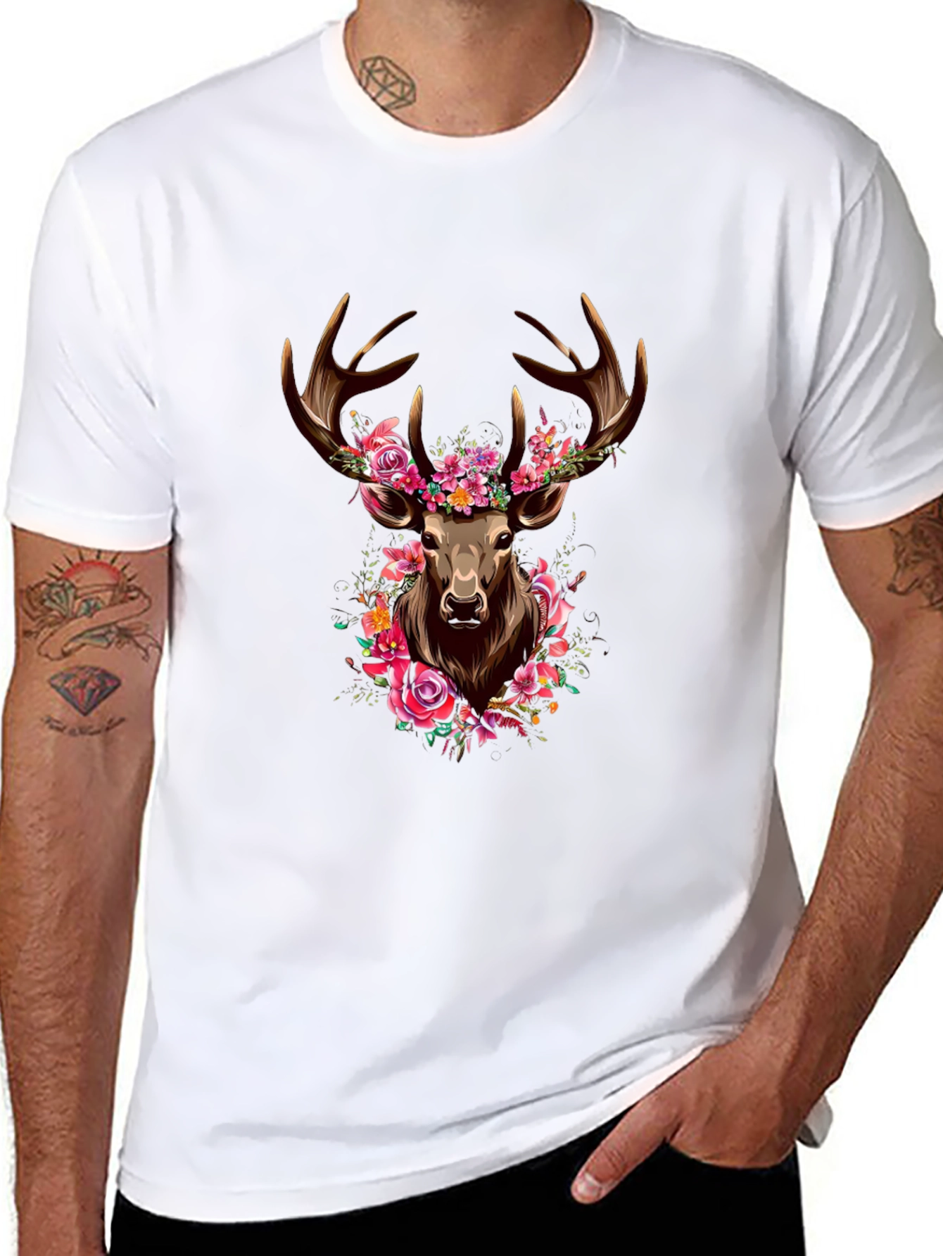 Floral Deer Graphic Tee - Mens Black T-Shirt
