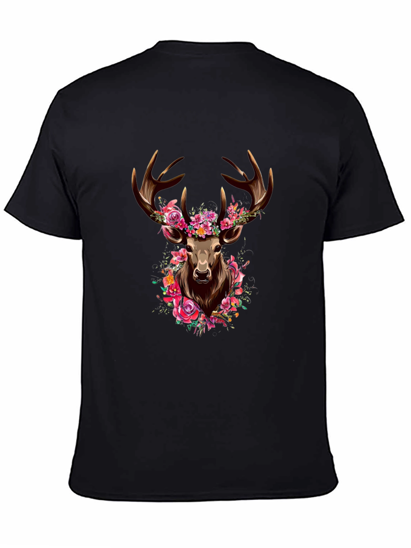 Floral Deer Graphic Tee - Mens Black T-Shirt