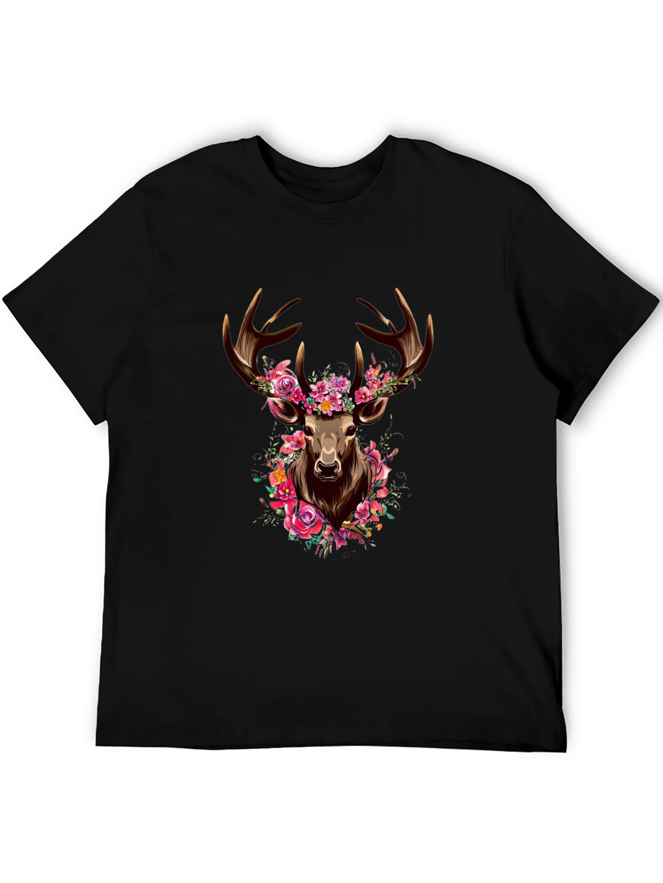Floral Deer Graphic Tee - Mens Black T-Shirt