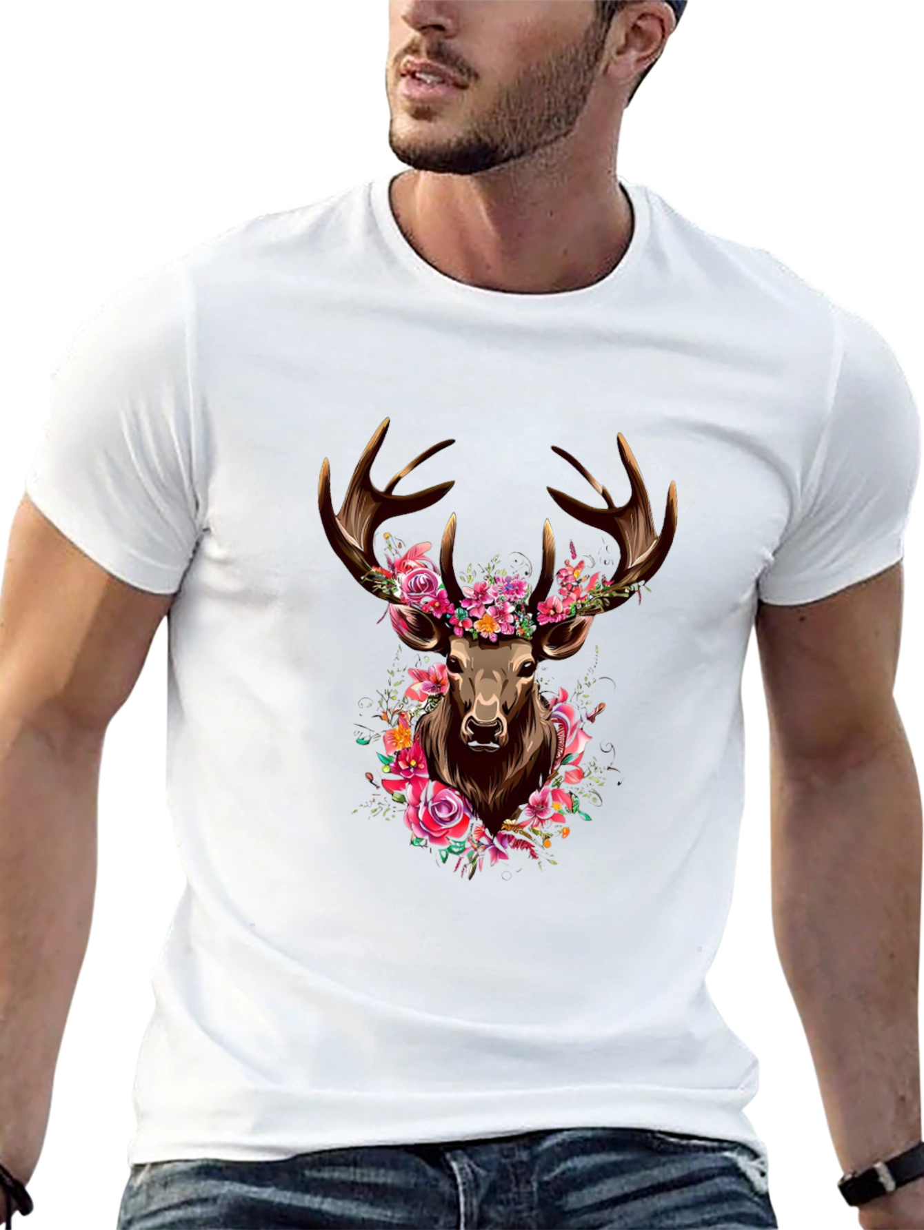 Floral Deer Graphic Tee - Mens Black T-Shirt