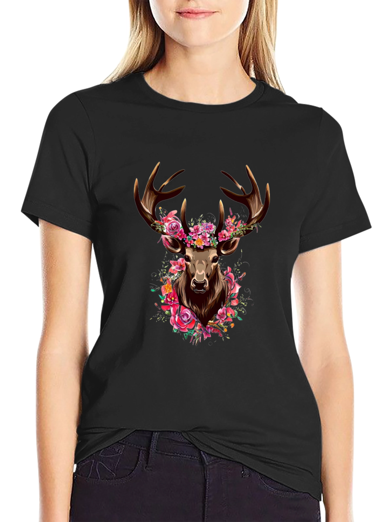Floral Deer Graphic Tee - Mens Black T-Shirt