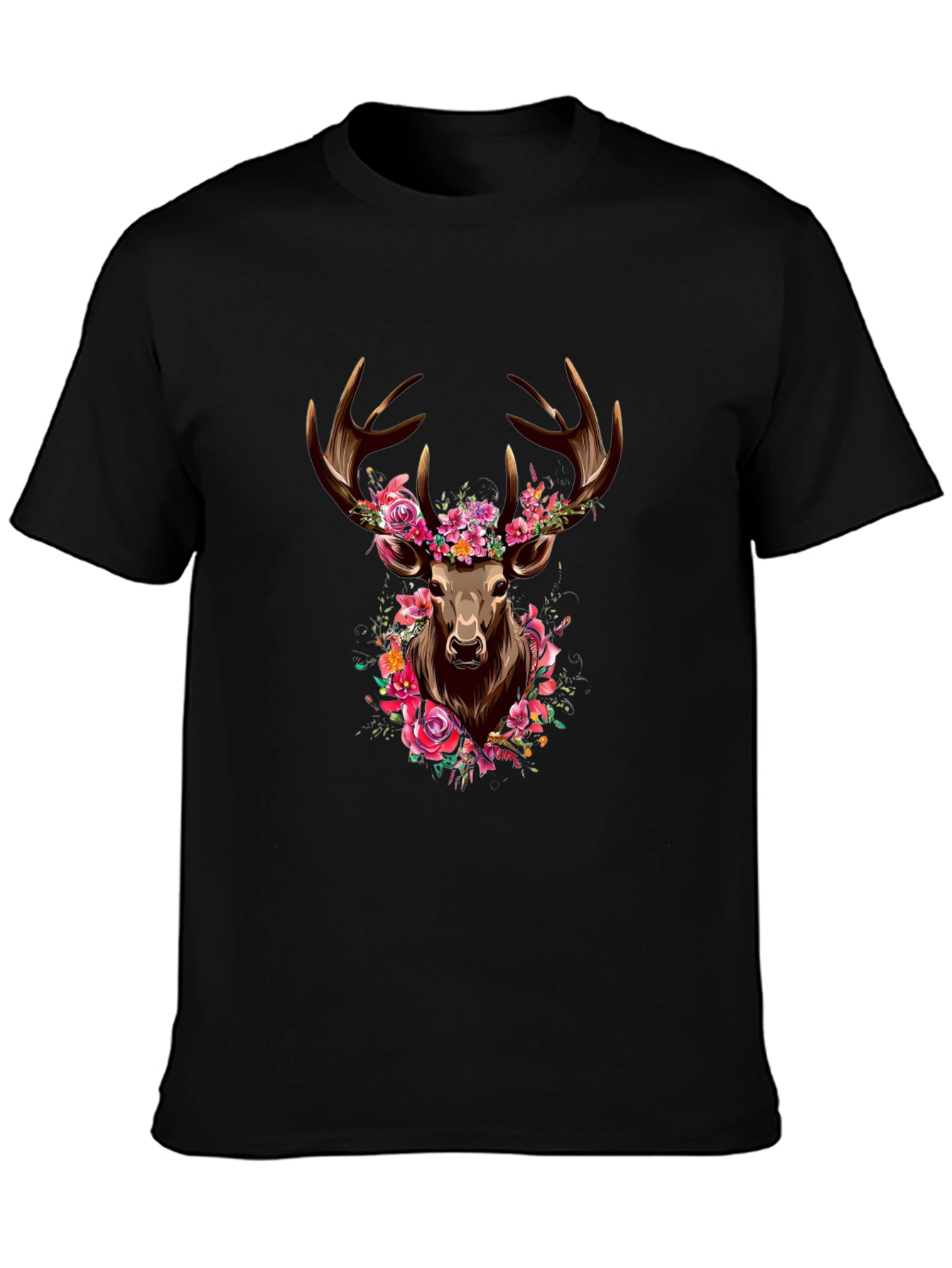 Floral Deer Graphic Tee - Mens Black T-Shirt