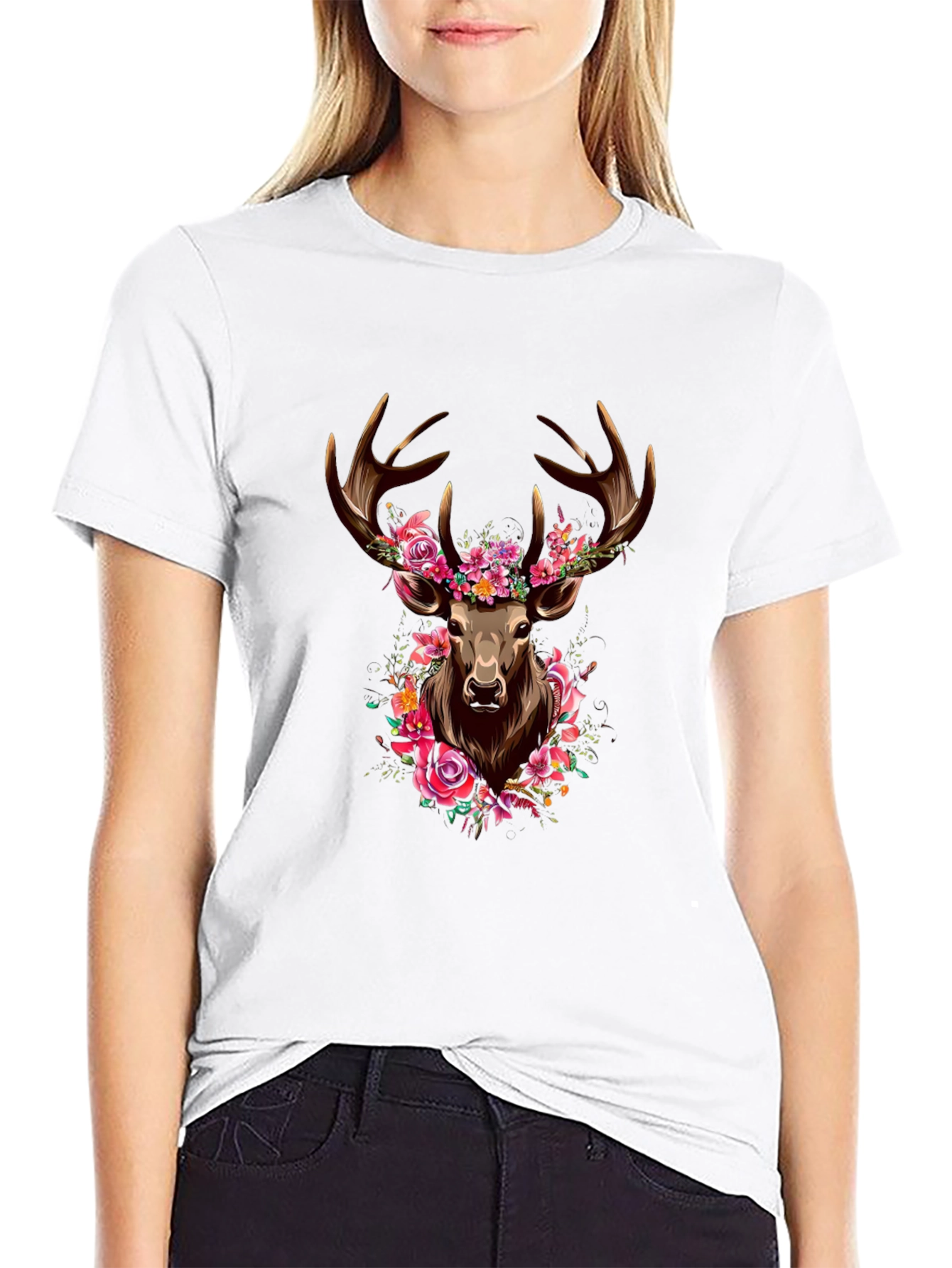 Floral Deer Graphic Tee - Mens Black T-Shirt