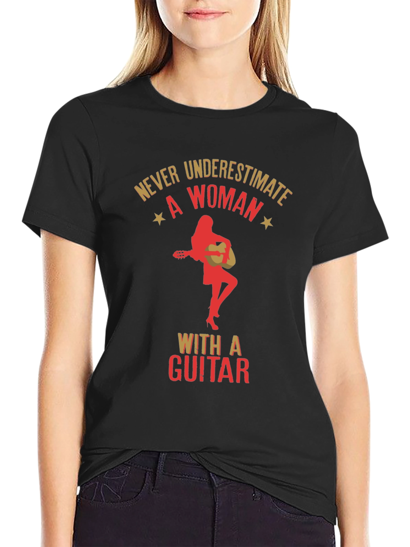Never Underestimate a Woman With a Guitar Black T-Shirt