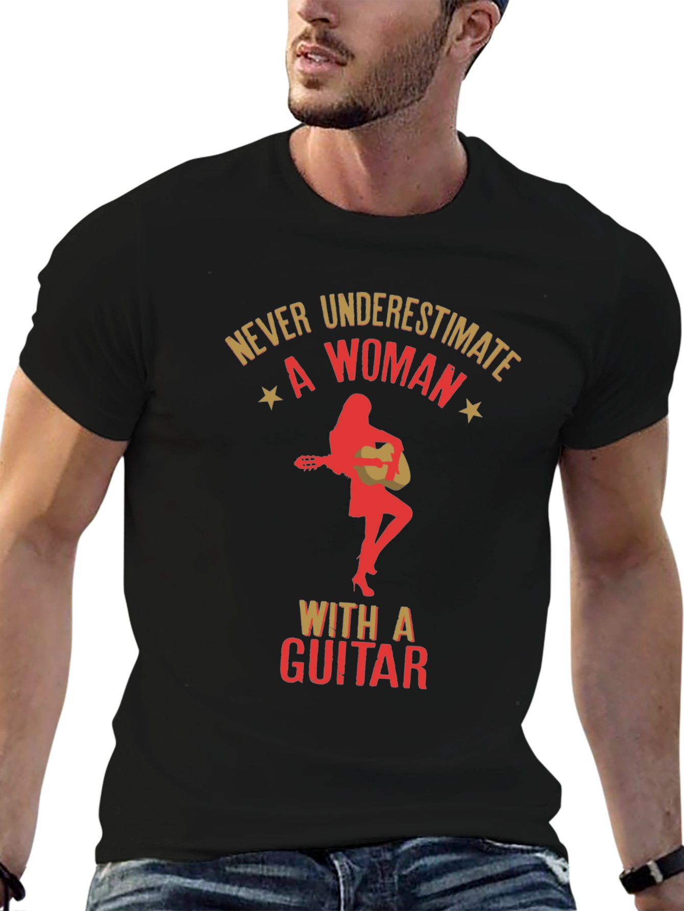 Never Underestimate a Woman With a Guitar Black T-Shirt