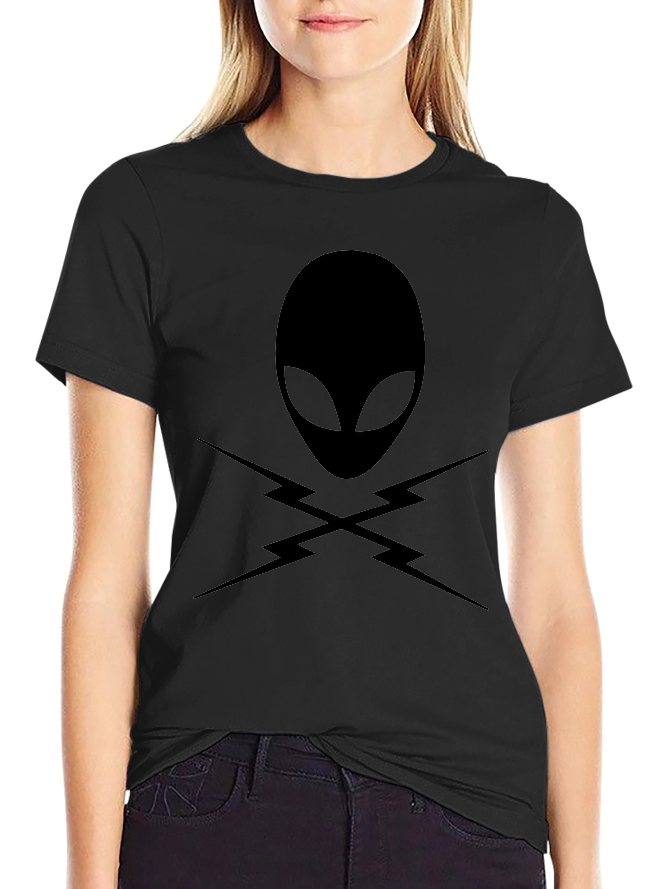 Alien Head with Lightning Bolts T-Shirt - Black