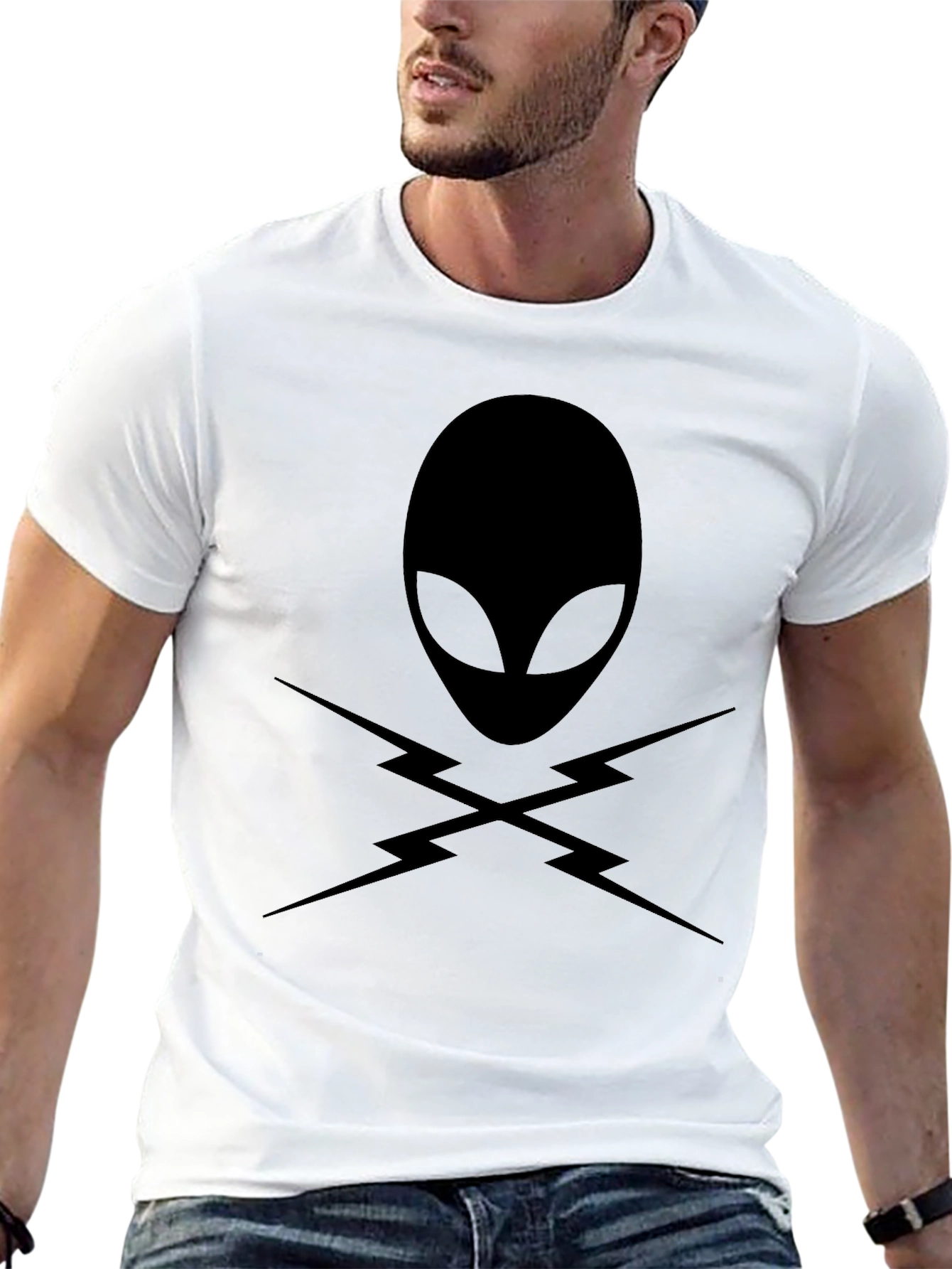 Alien Head with Lightning Bolts T-Shirt - Black
