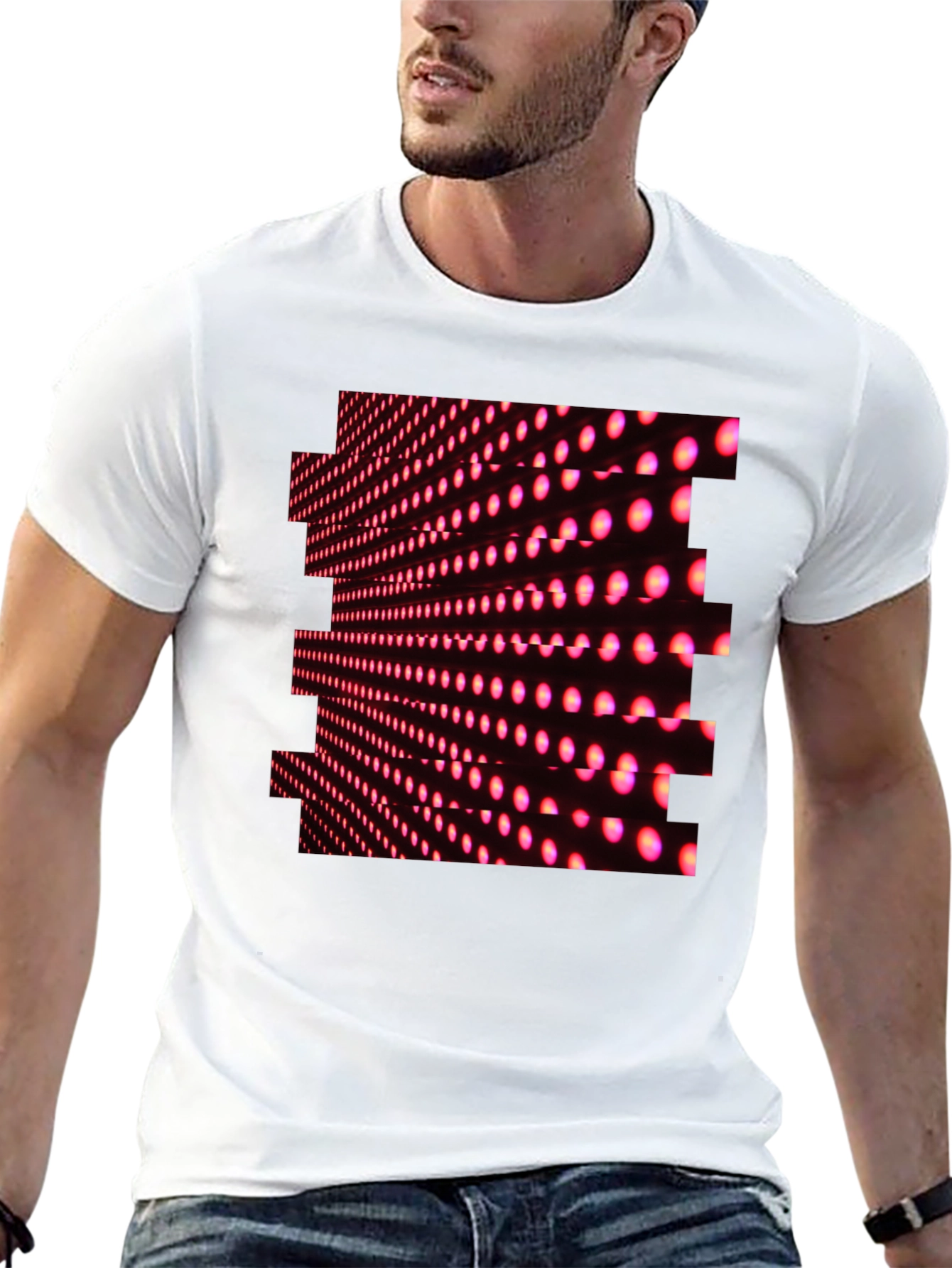 Black T-Shirt with Abstract Pink LED Dot Pattern