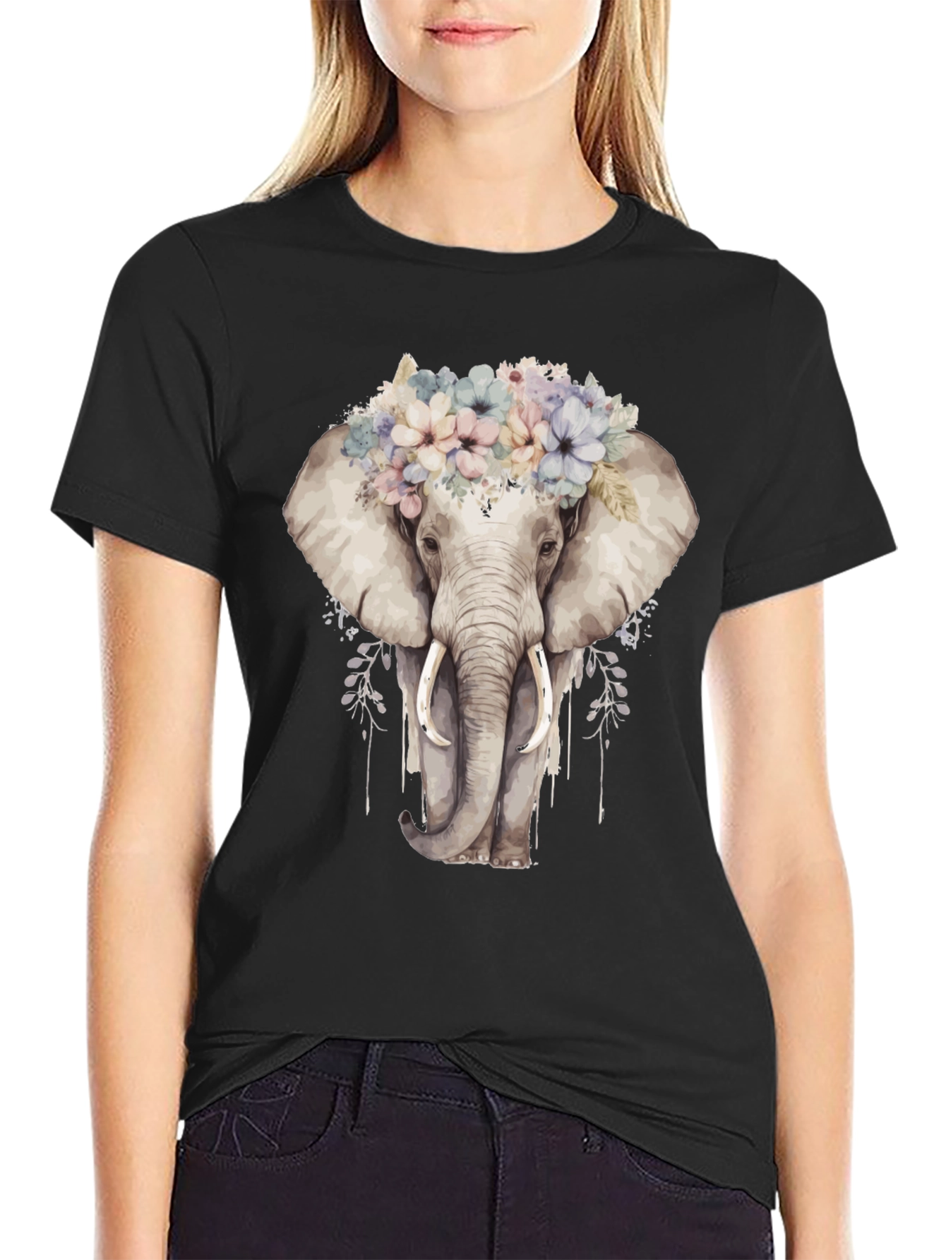 Floral Elephant Graphic Tee - Black