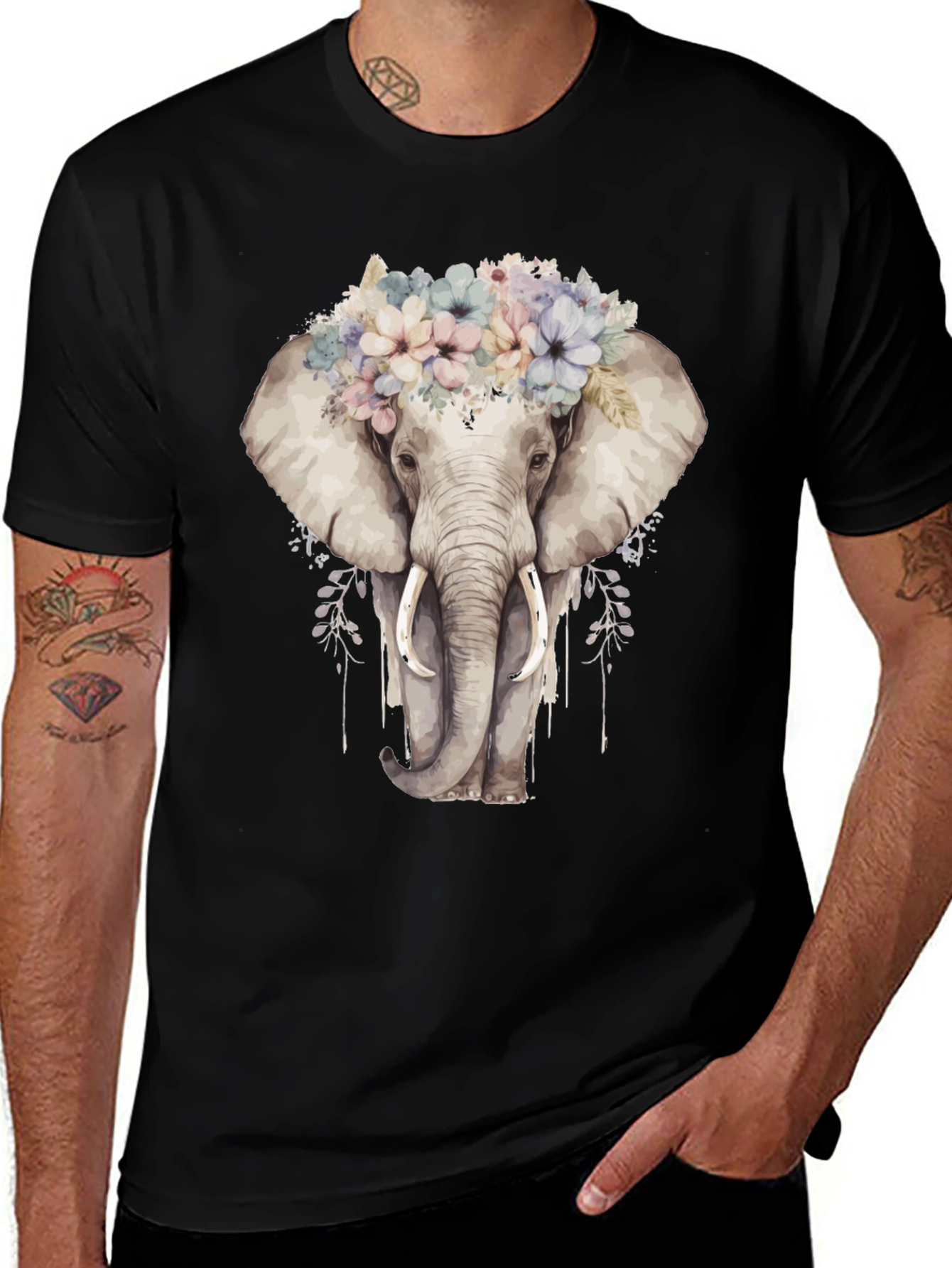 Floral Elephant Graphic Tee - Black