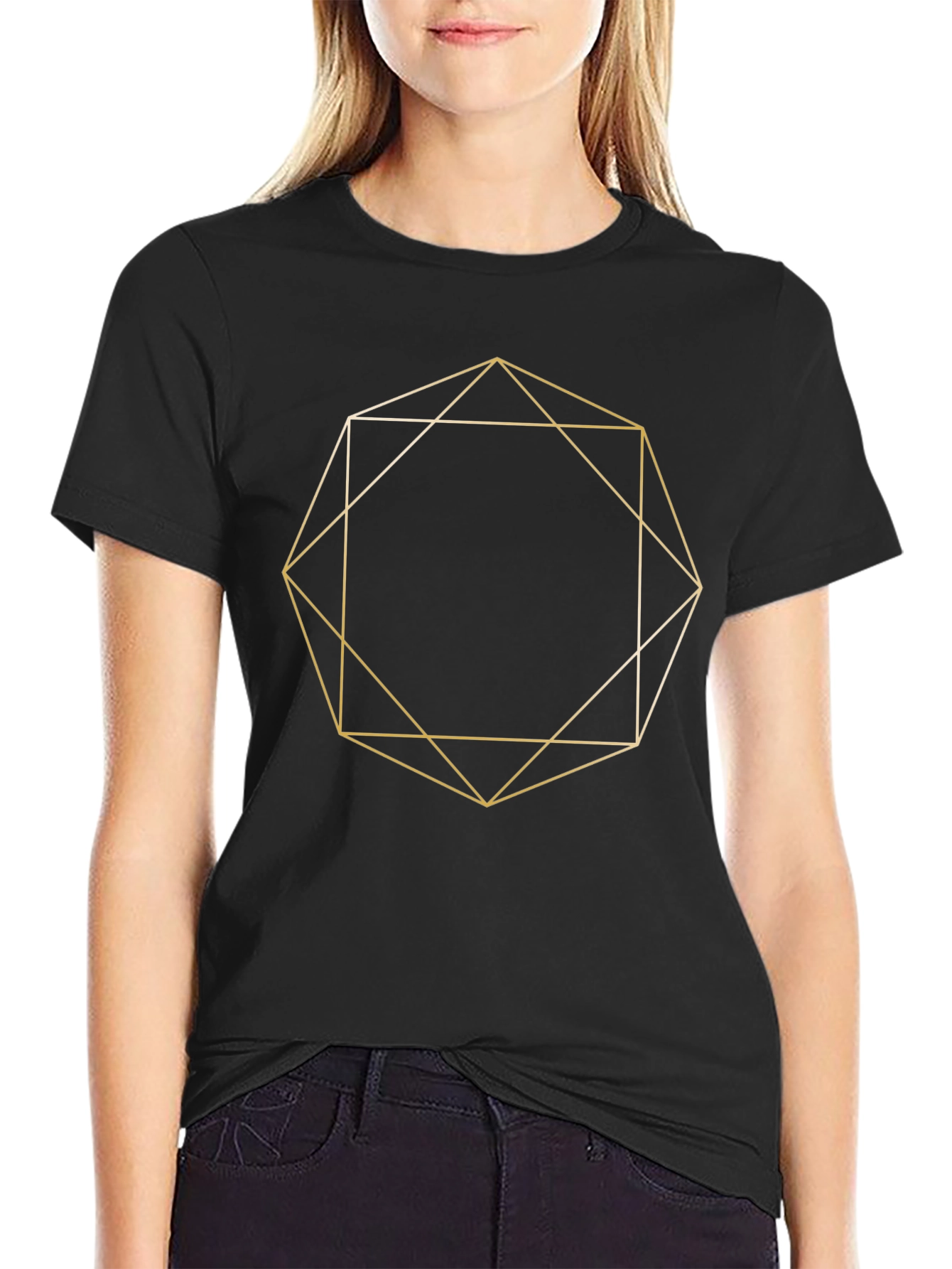 Geometric Gold Line Art Black T-Shirt