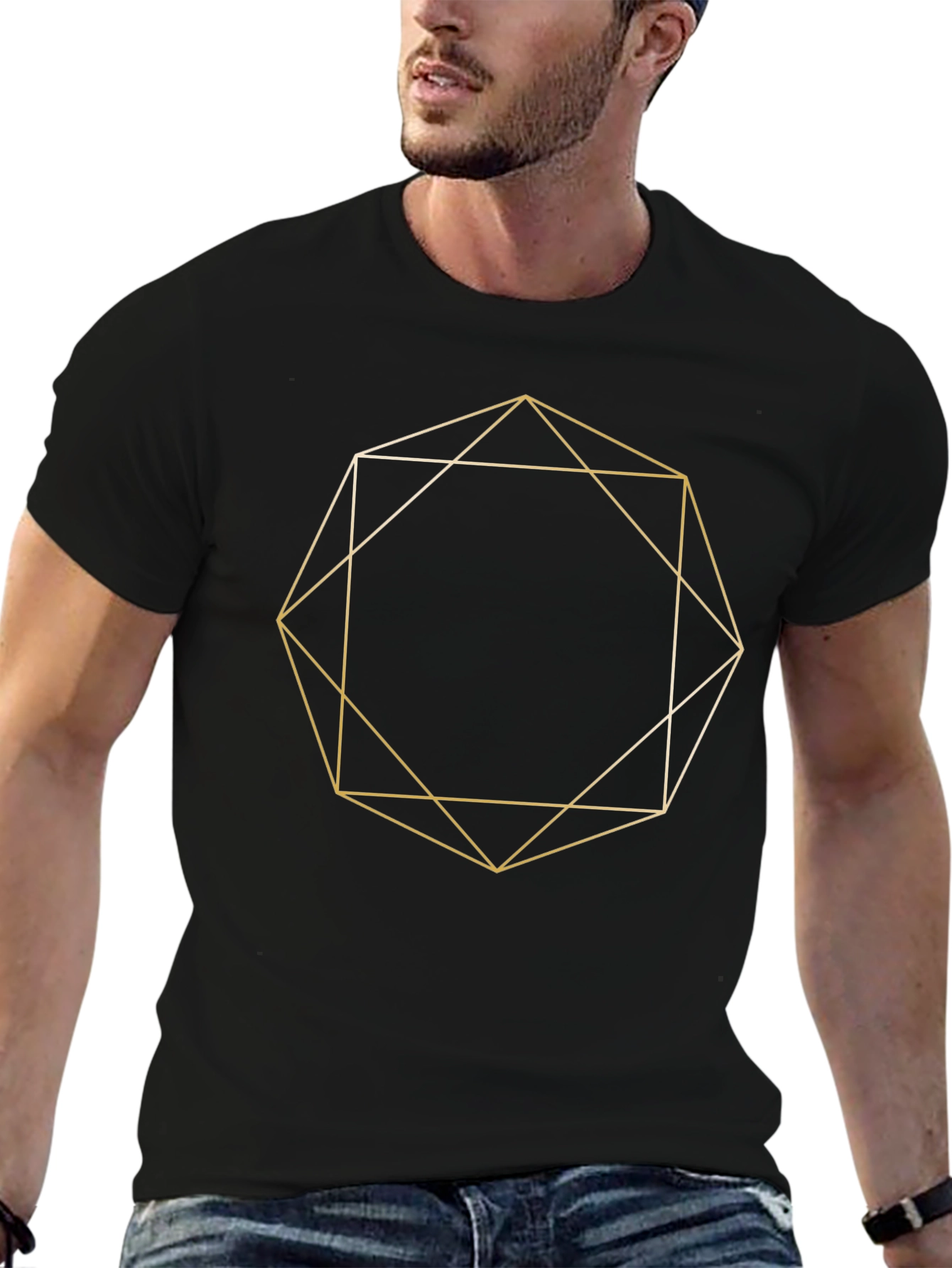 Geometric Gold Line Art Black T-Shirt