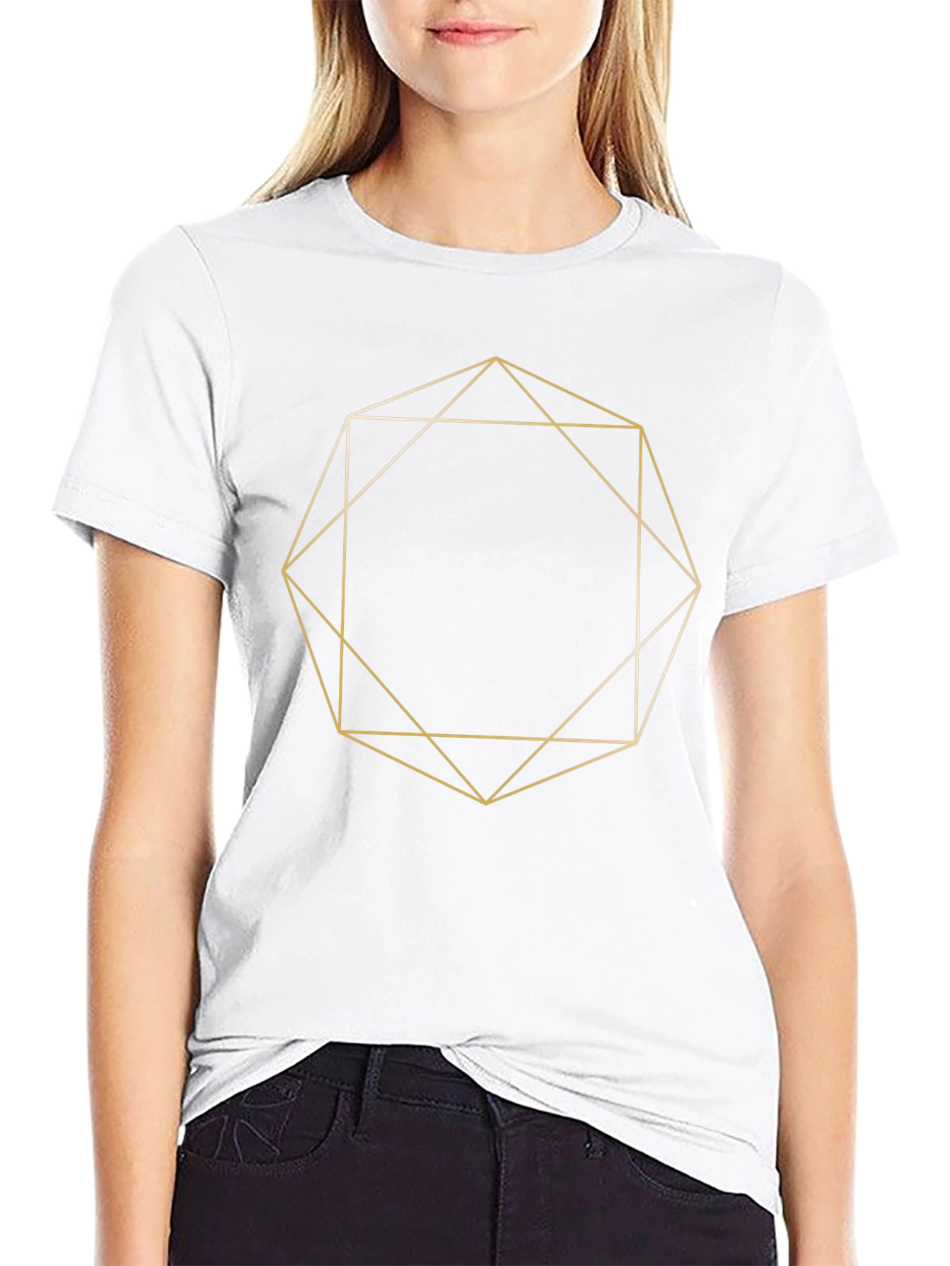 Geometric Gold Line Art Black T-Shirt
