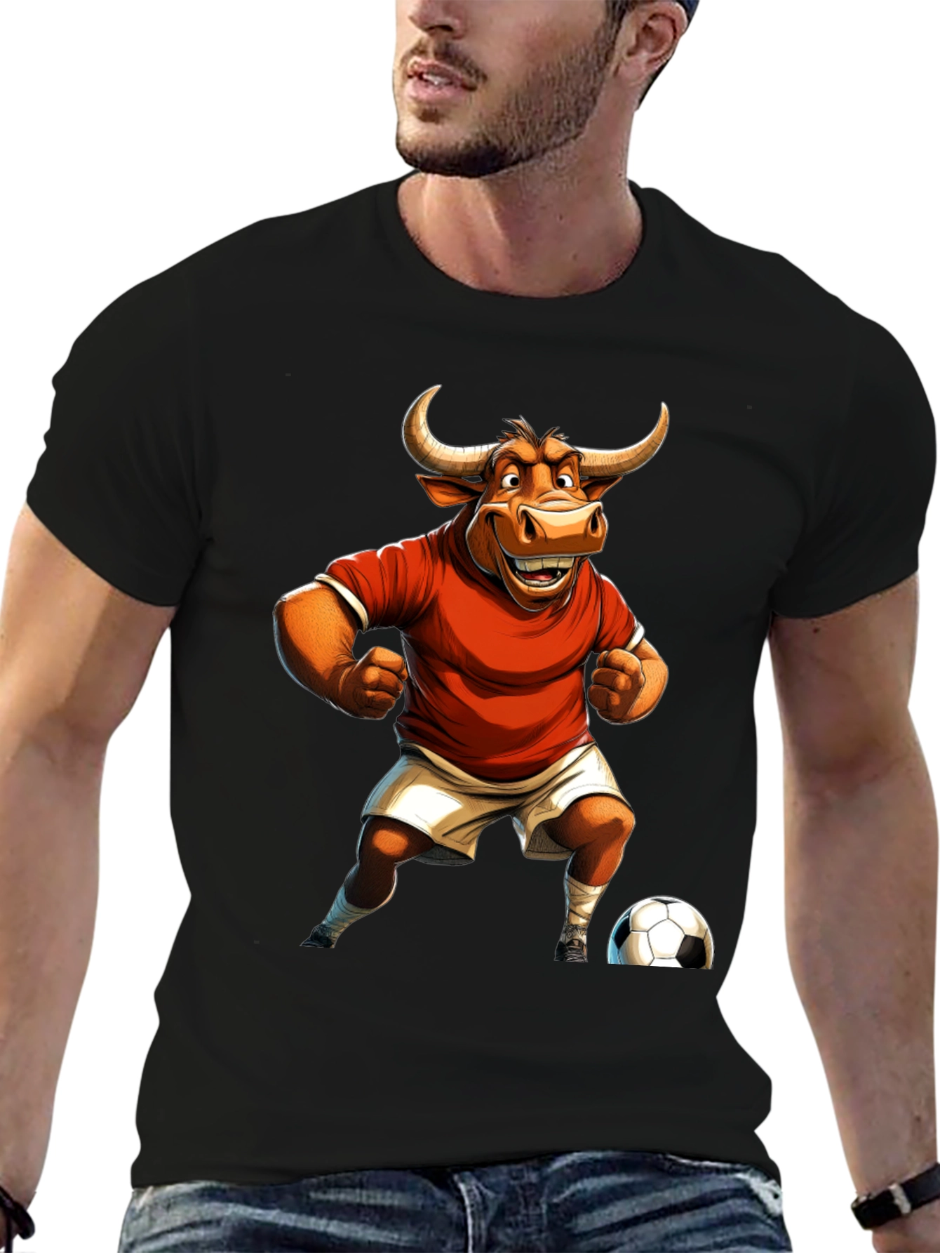 Bull Soccer Player Graphic Tee - Black