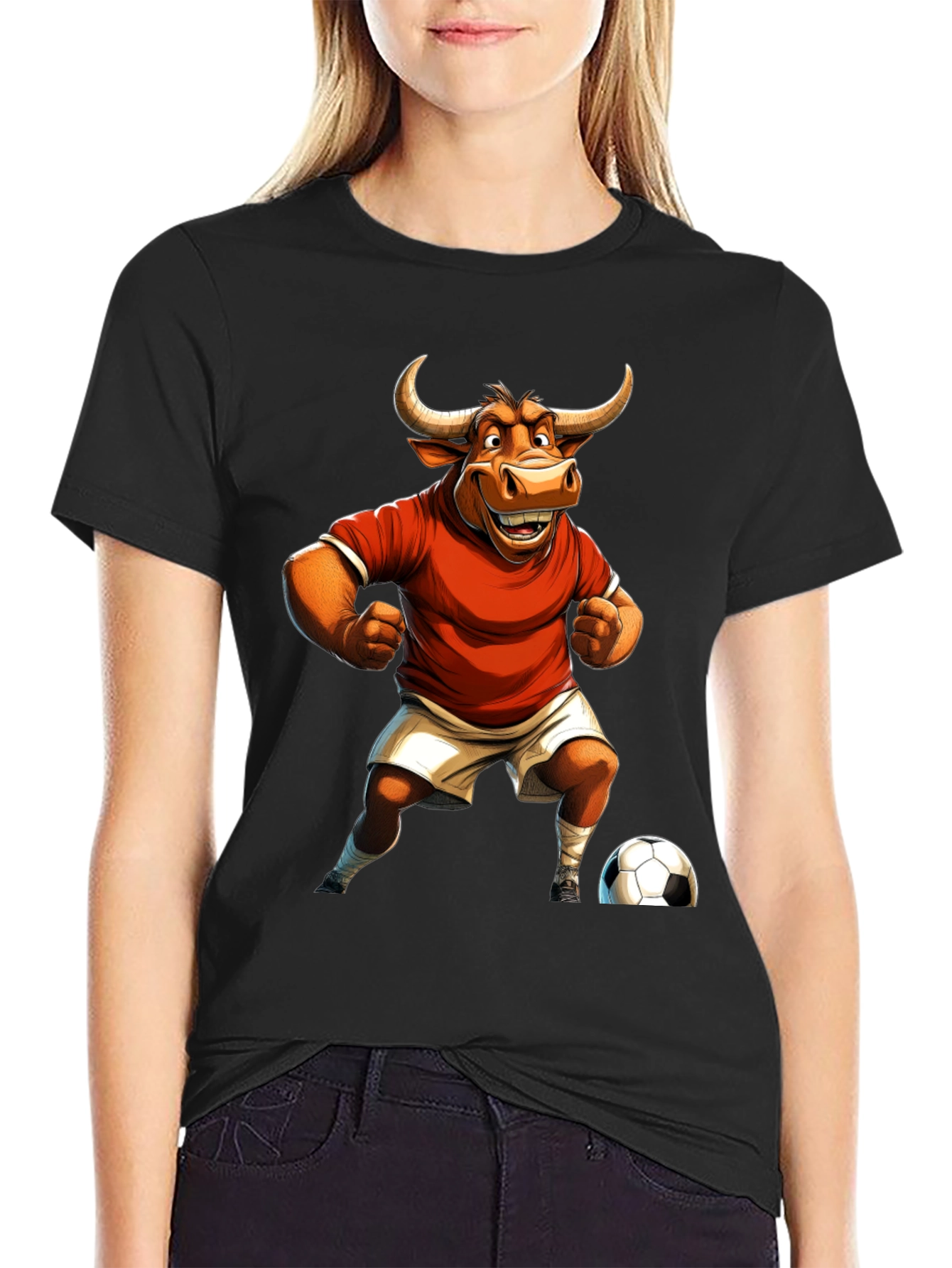 Bull Soccer Player Graphic Tee - Black