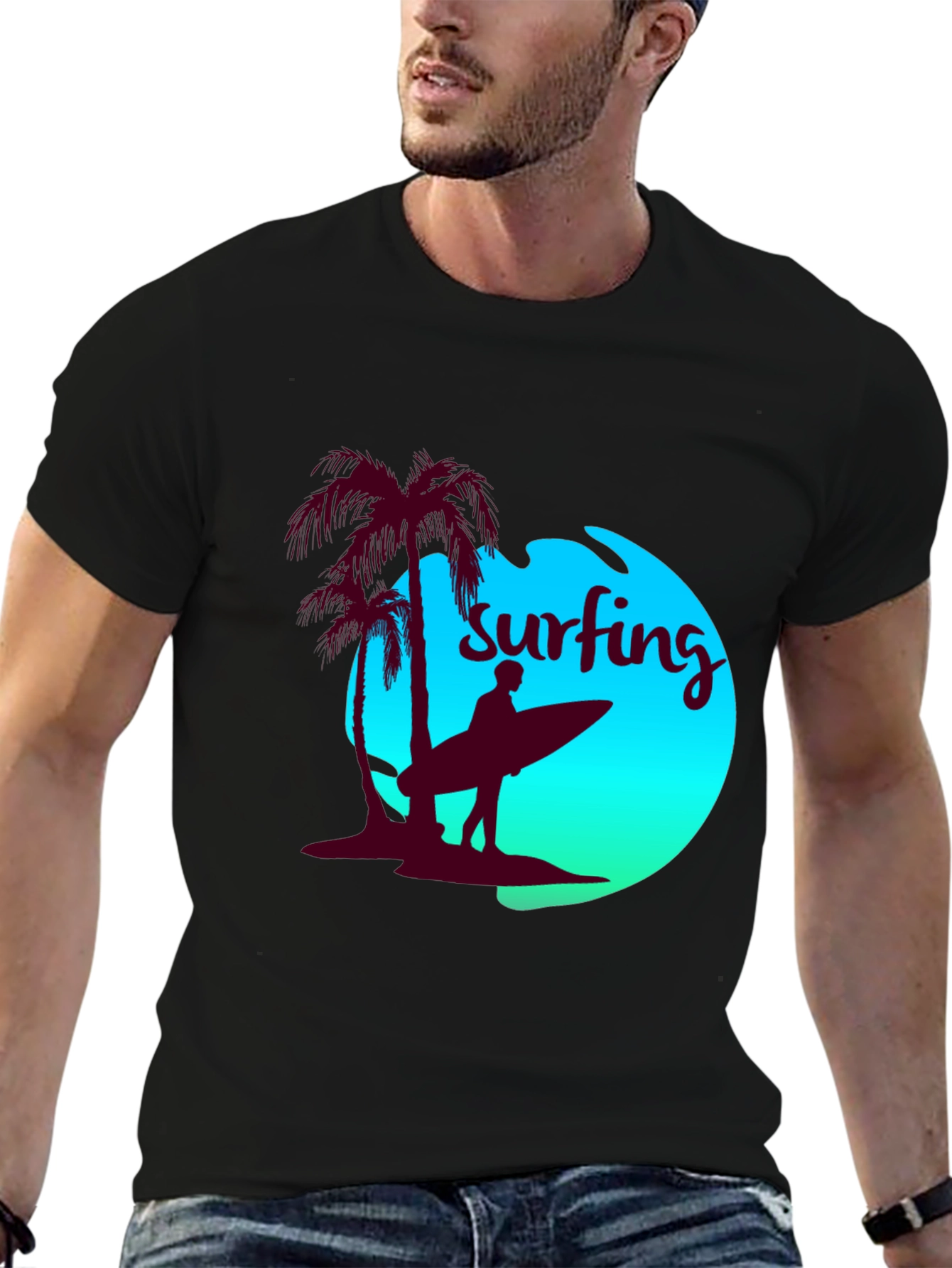 Surfing T-Shirt - Palm Tree Beach Design