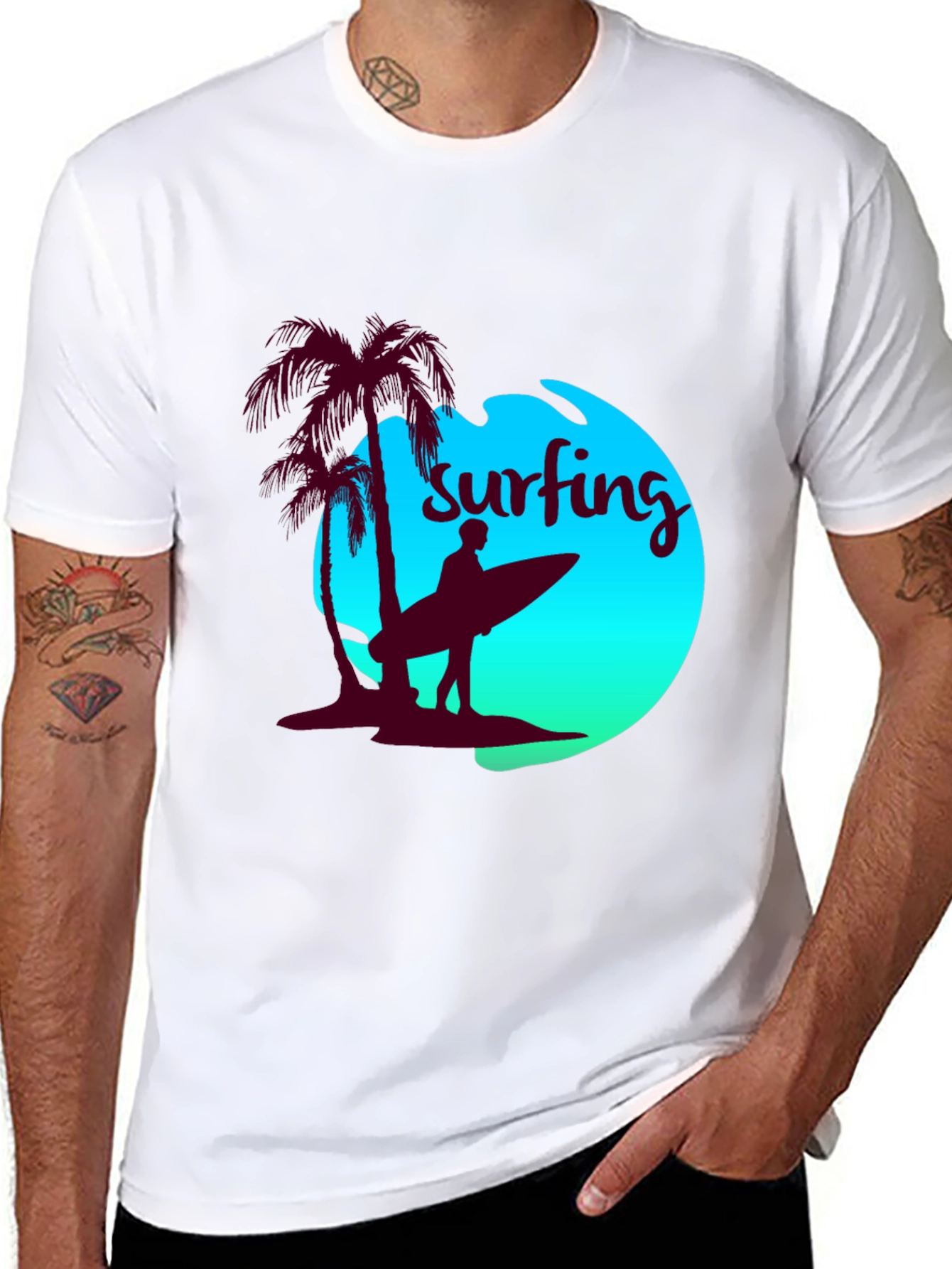 Surfing T-Shirt - Palm Tree Beach Design