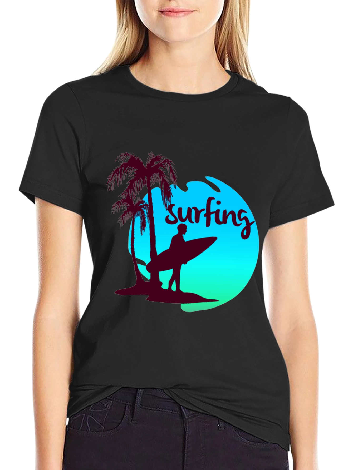 Surfing T-Shirt - Palm Tree Beach Design