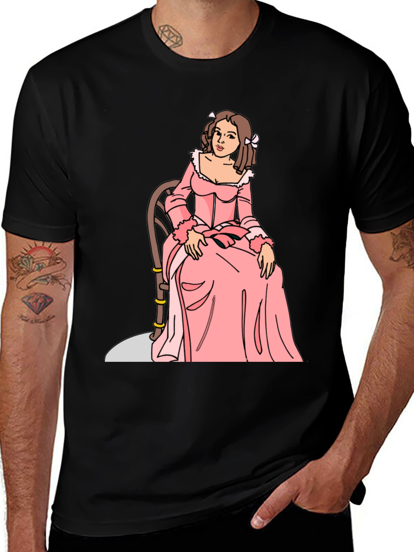 Cartoon Woman Pink Dress Black T-Shirt