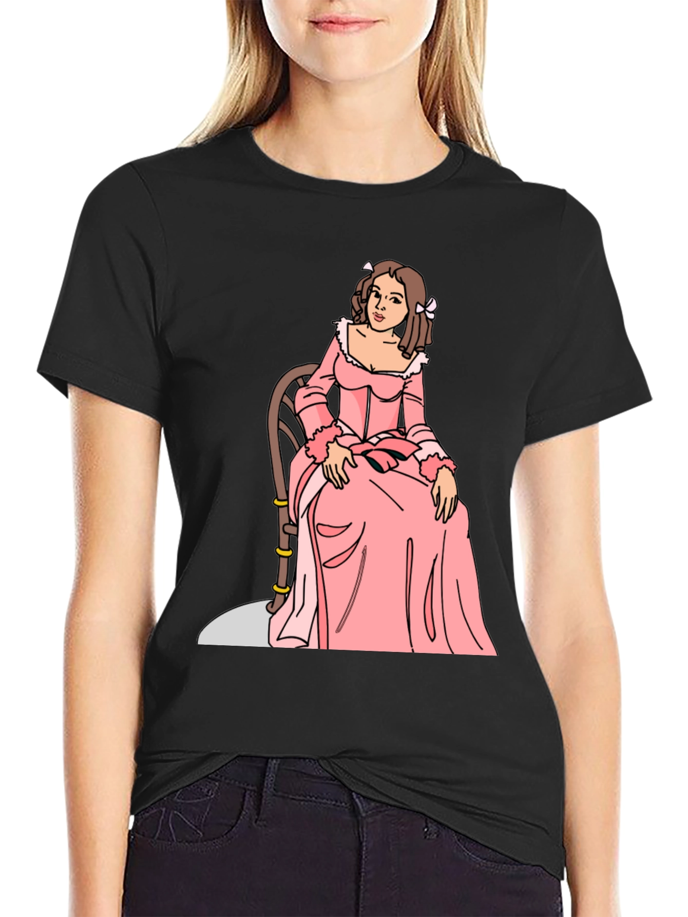 Cartoon Woman Pink Dress Black T-Shirt