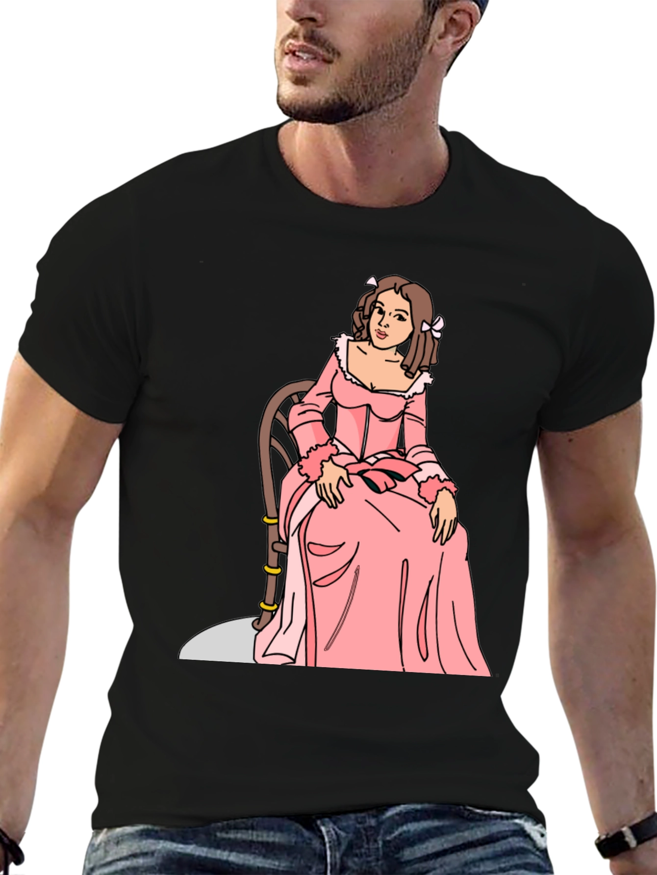 Cartoon Woman Pink Dress Black T-Shirt