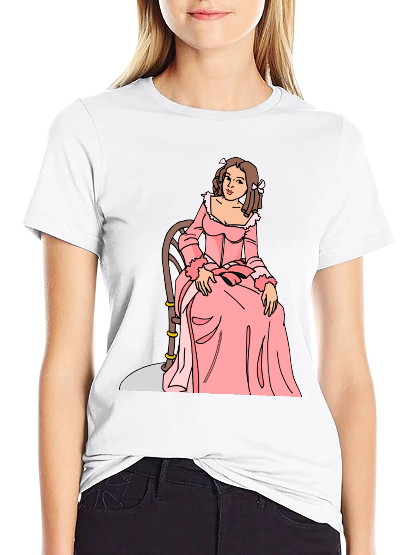 Cartoon Woman Pink Dress Black T-Shirt