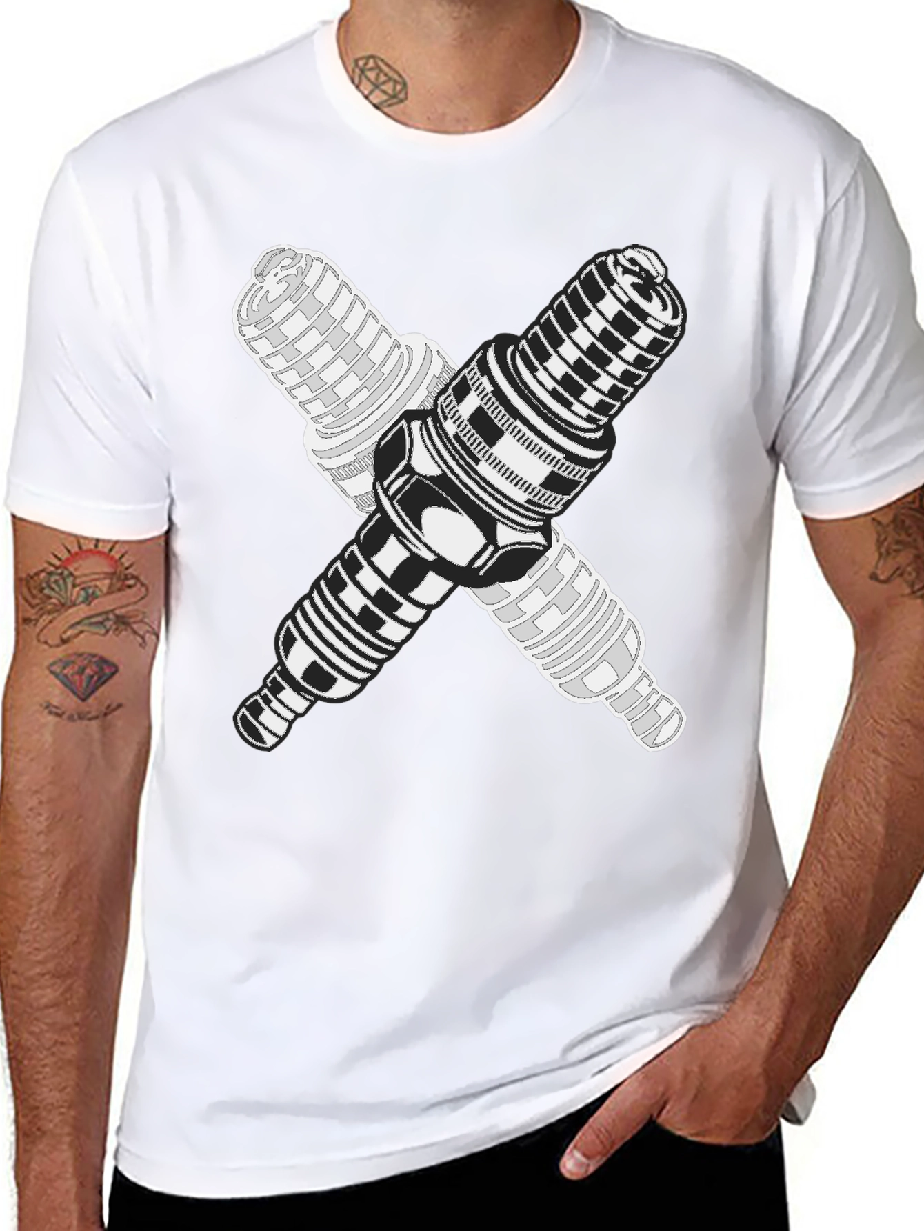 Crossed Spark Plugs Graphic Tee - Black Cotton Blend