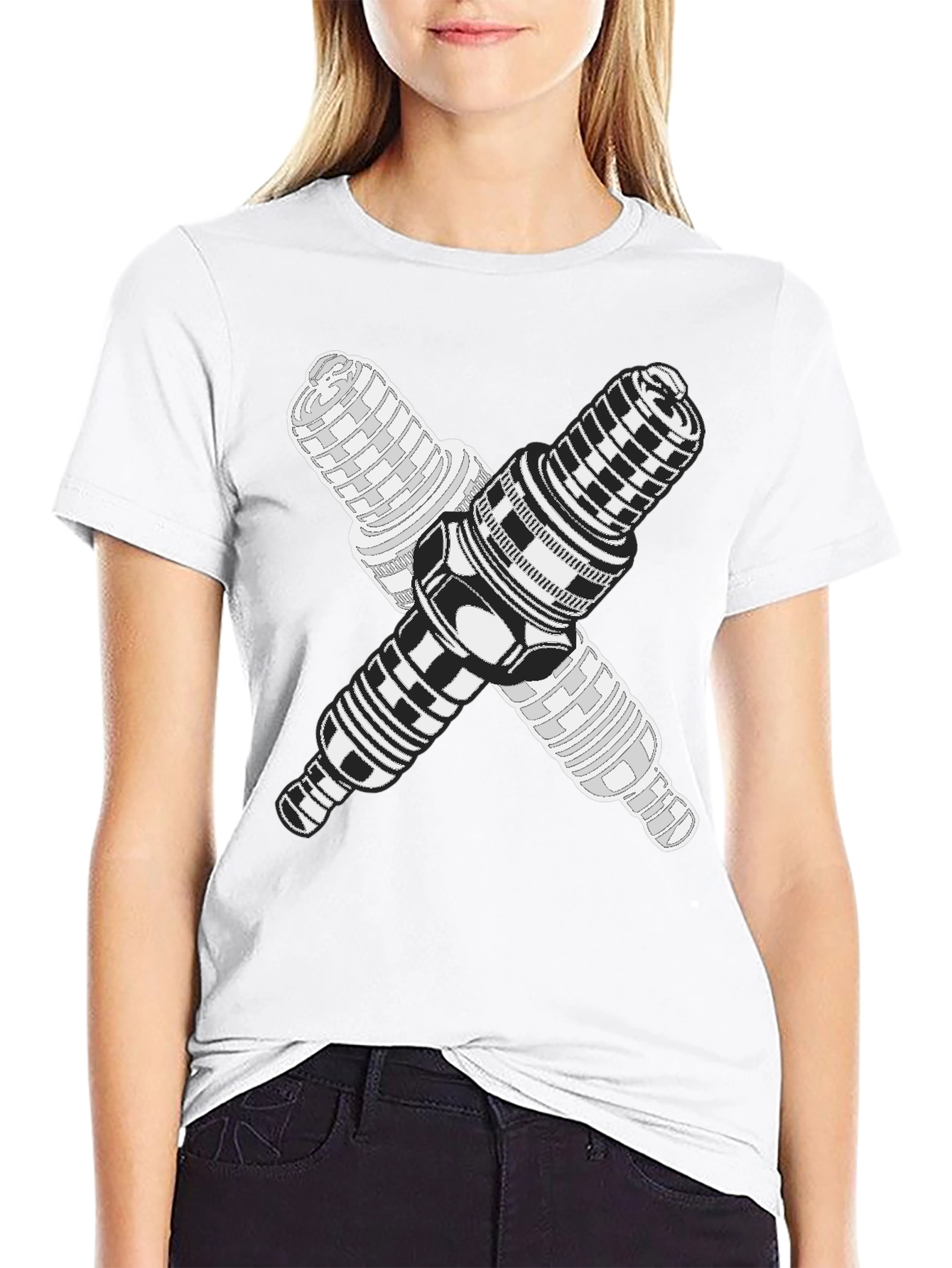 Crossed Spark Plugs Graphic Tee - Black Cotton Blend