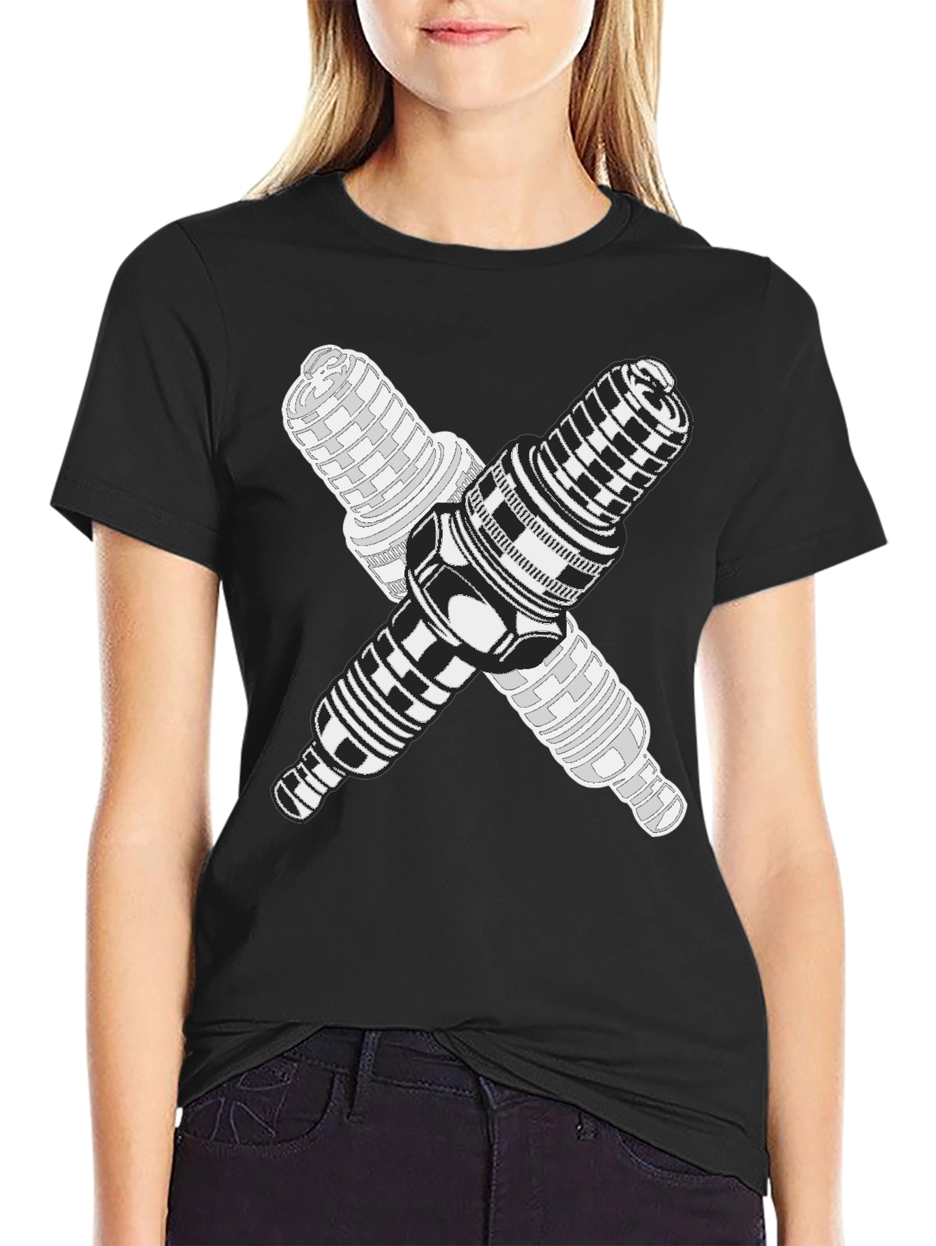 Crossed Spark Plugs Graphic Tee - Black Cotton Blend