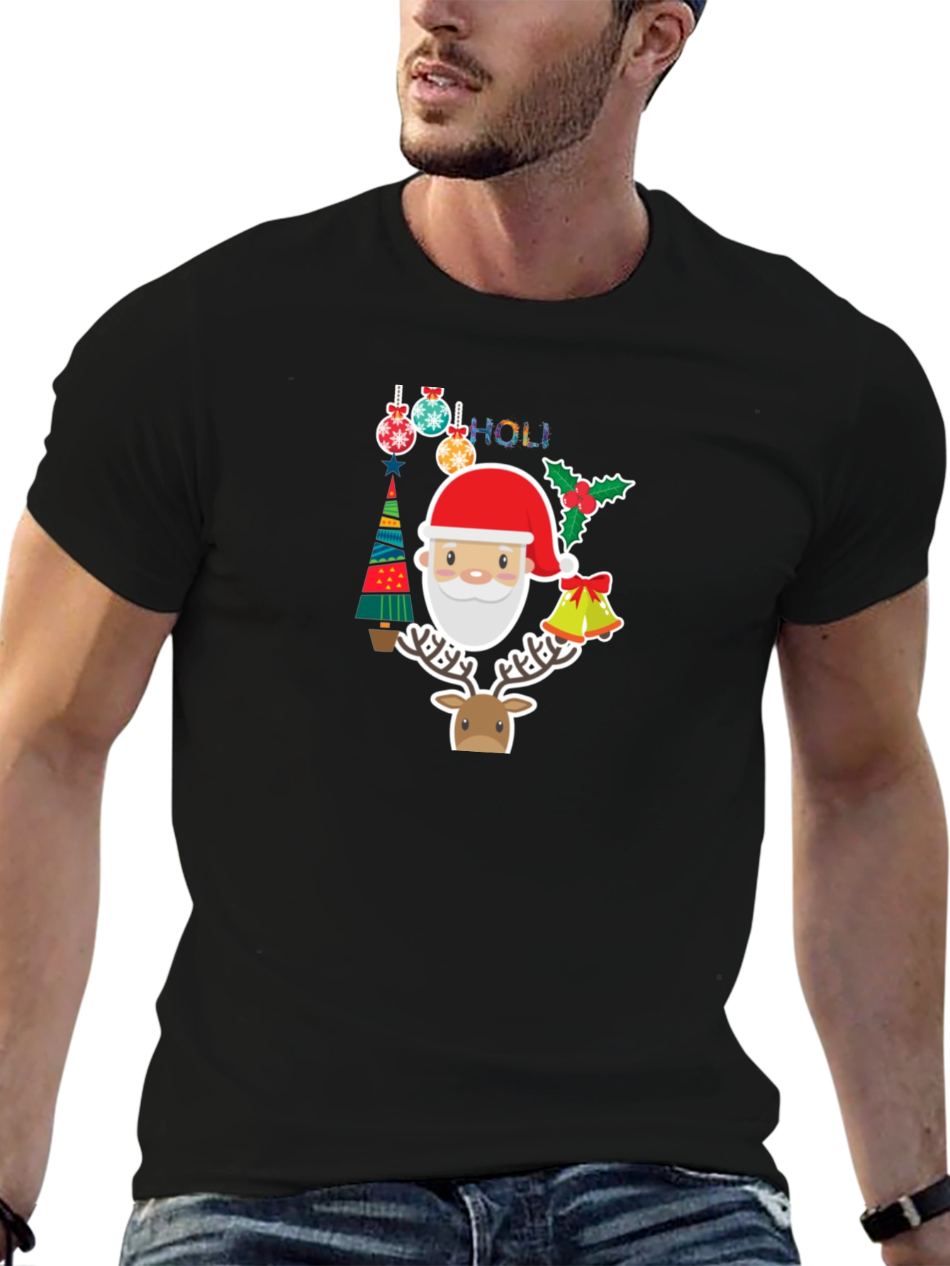 Festive Holiday T-Shirt with Santa & Reindeer Design