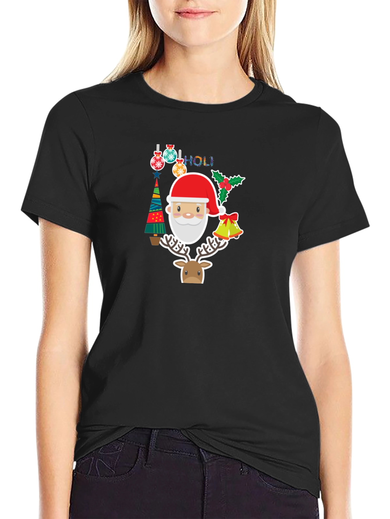 Festive Holiday T-Shirt with Santa & Reindeer Design