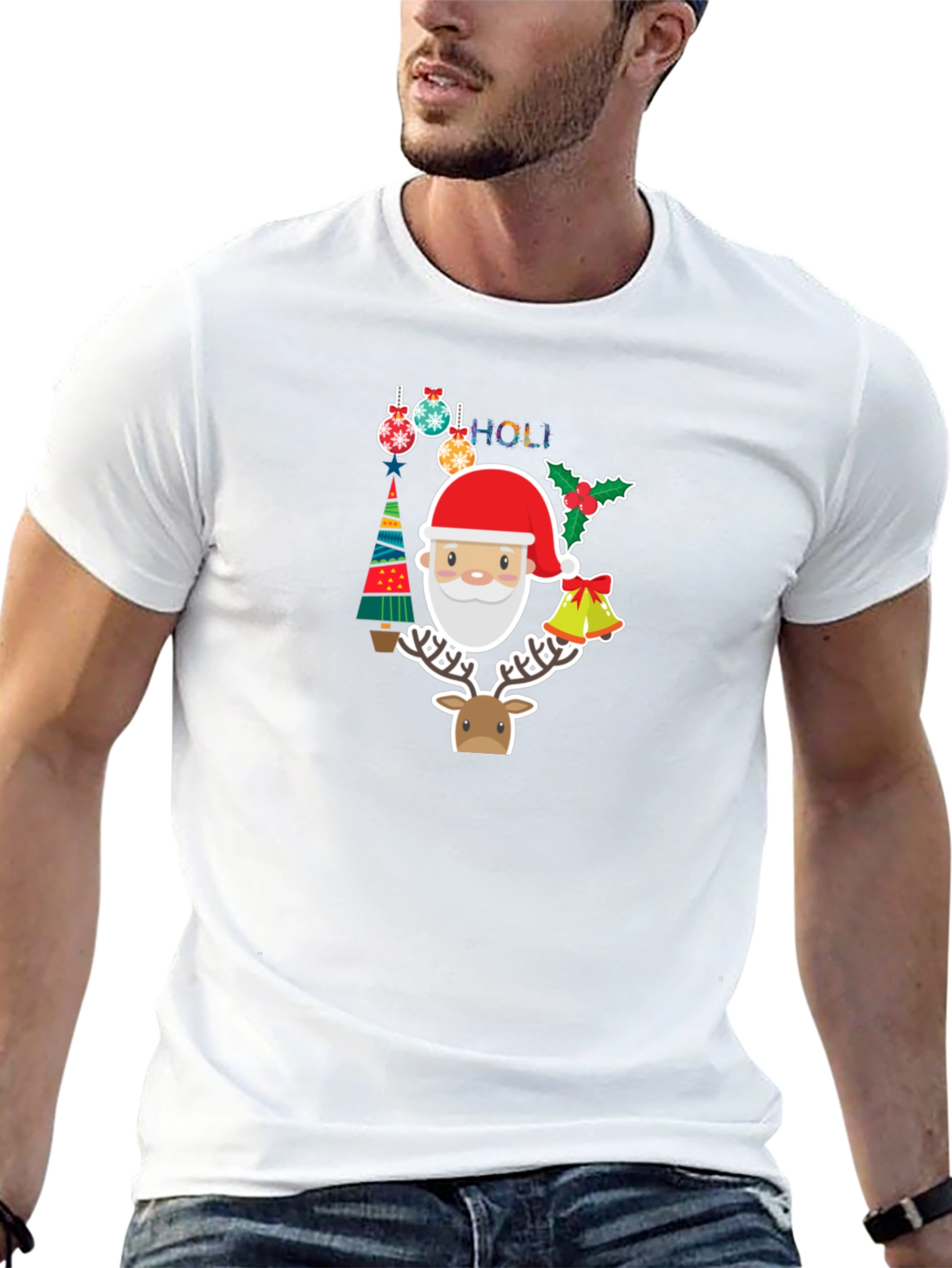 Festive Holiday T-Shirt with Santa & Reindeer Design