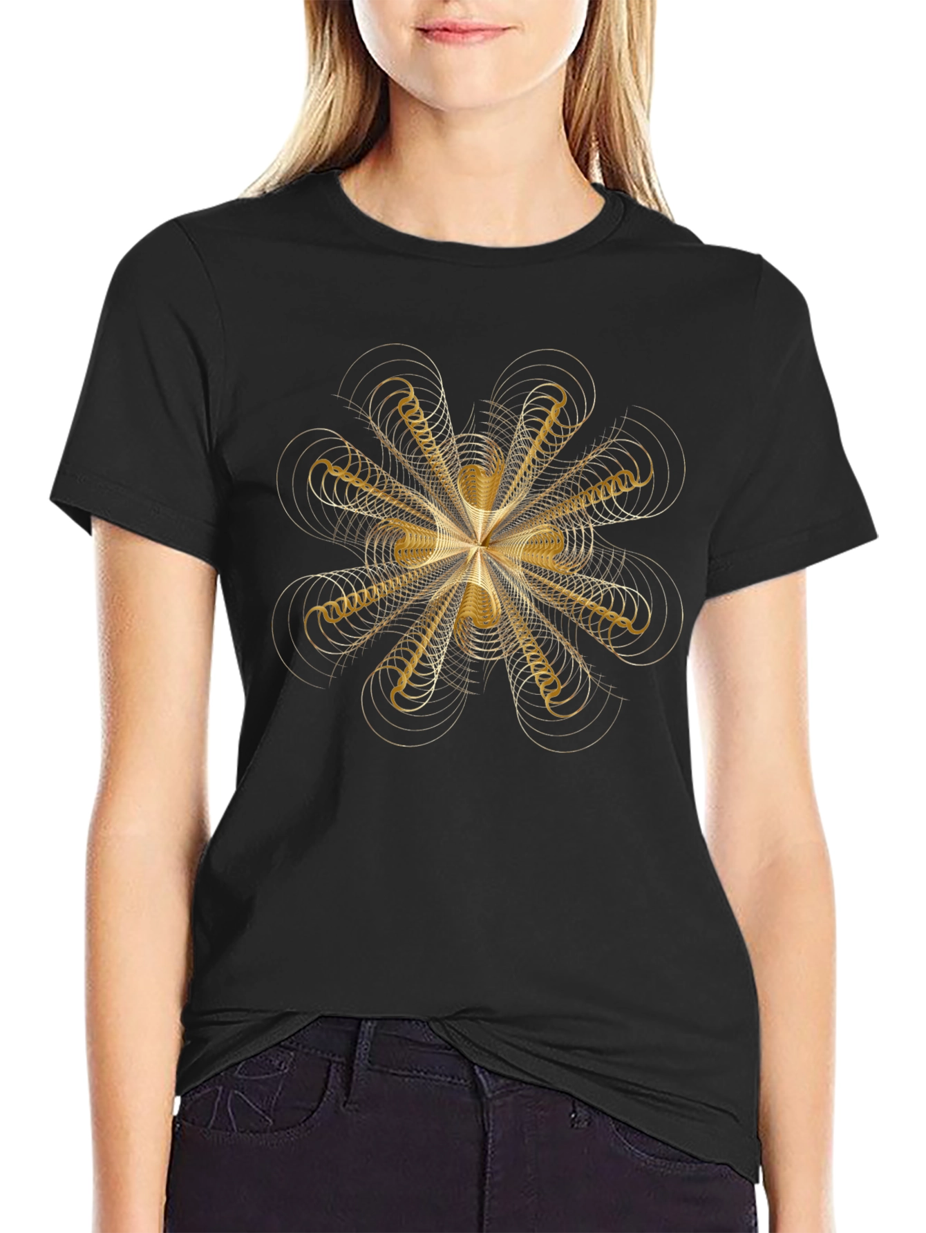 Geometric Gold Pattern Black T-Shirt