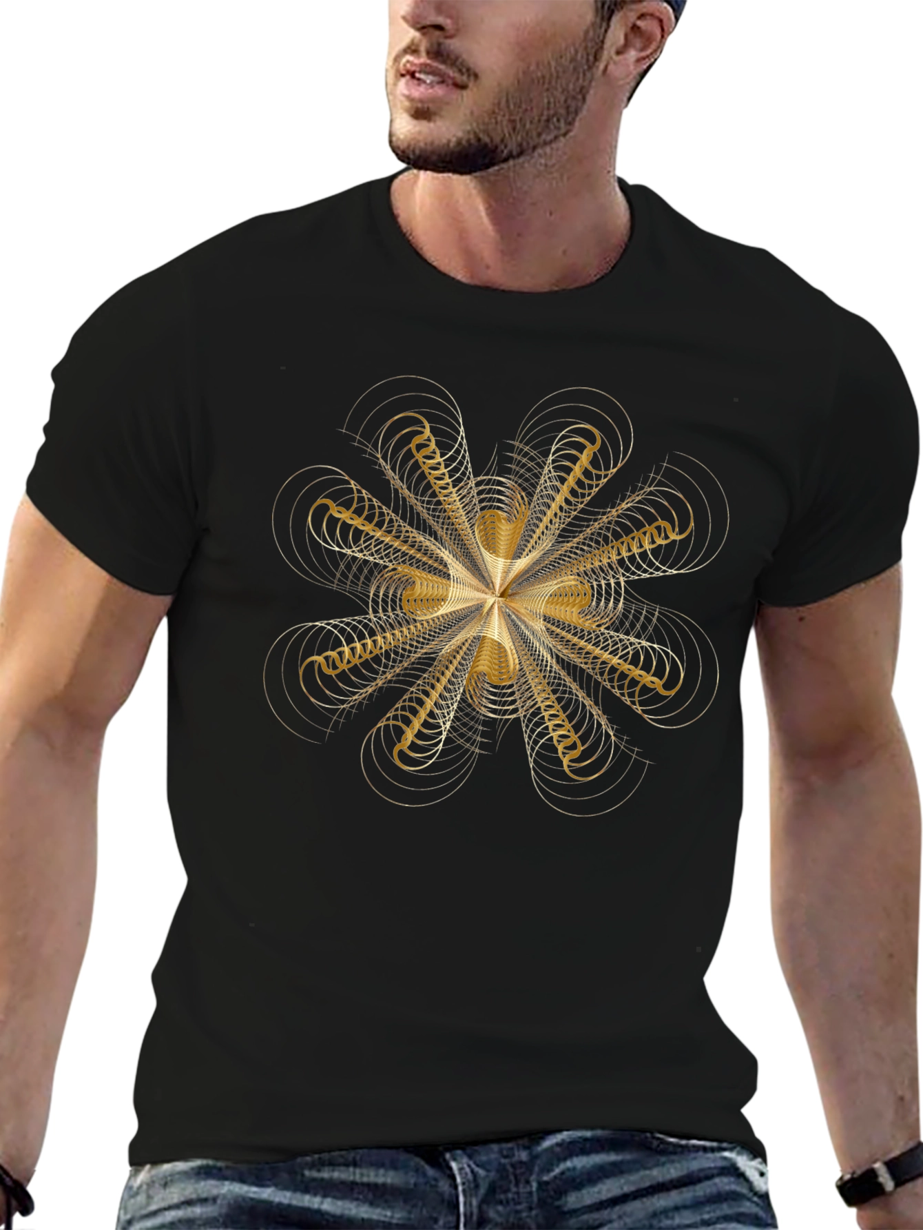 Geometric Gold Pattern Black T-Shirt