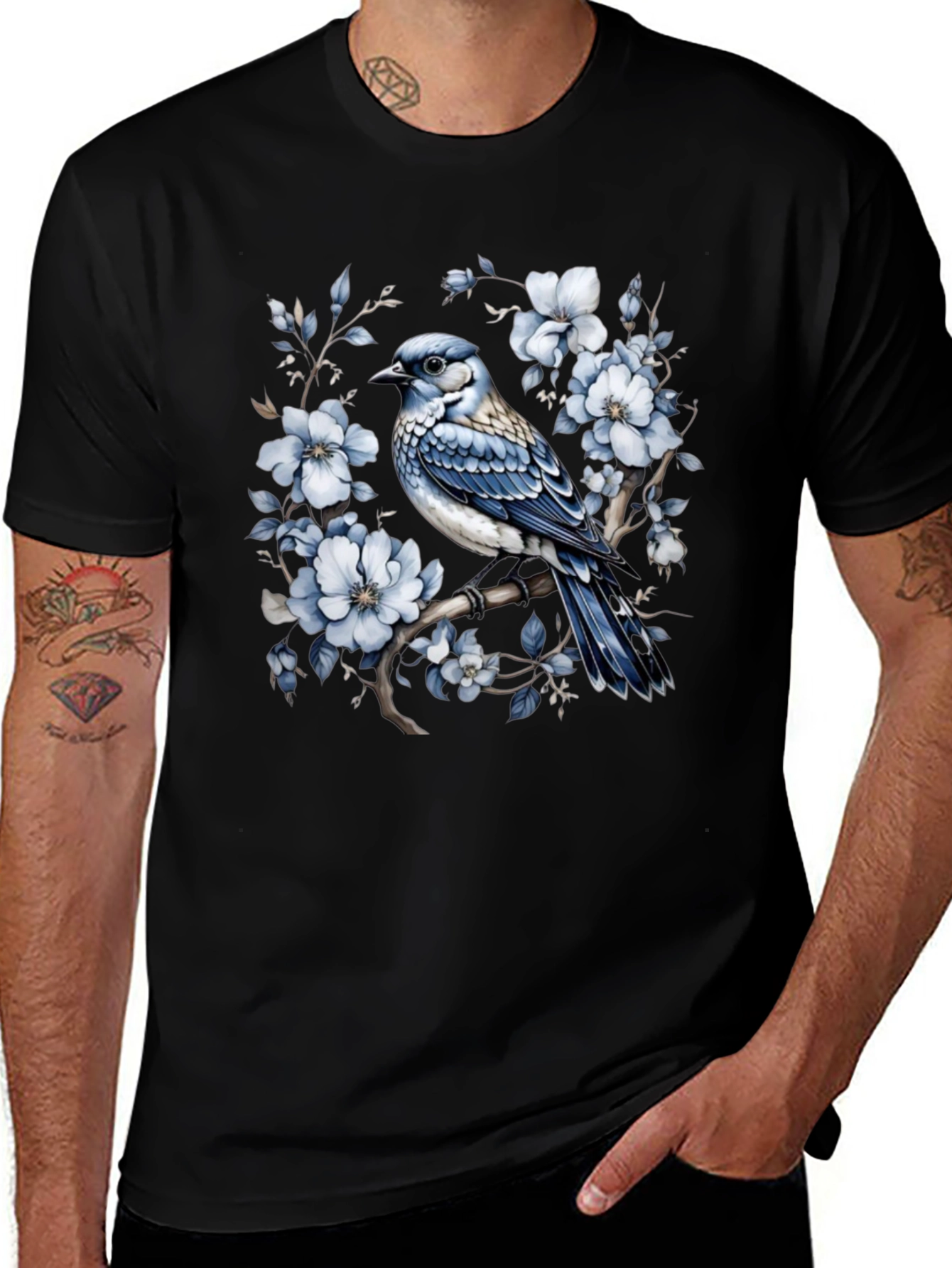 Blue Jay Floral T-Shirt - Nature Inspired Tee