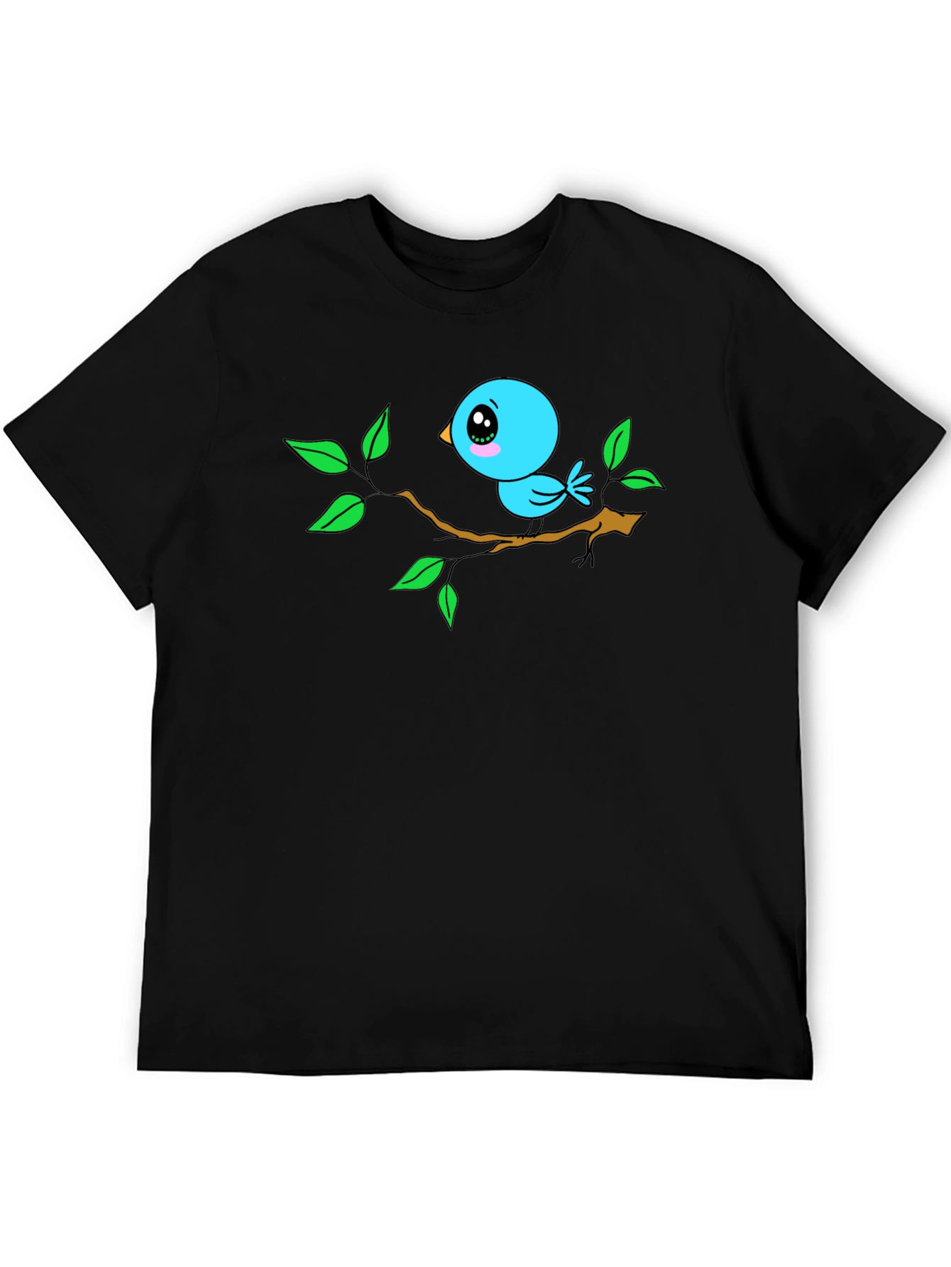 Cartoon Bird on Branch Black T-Shirt