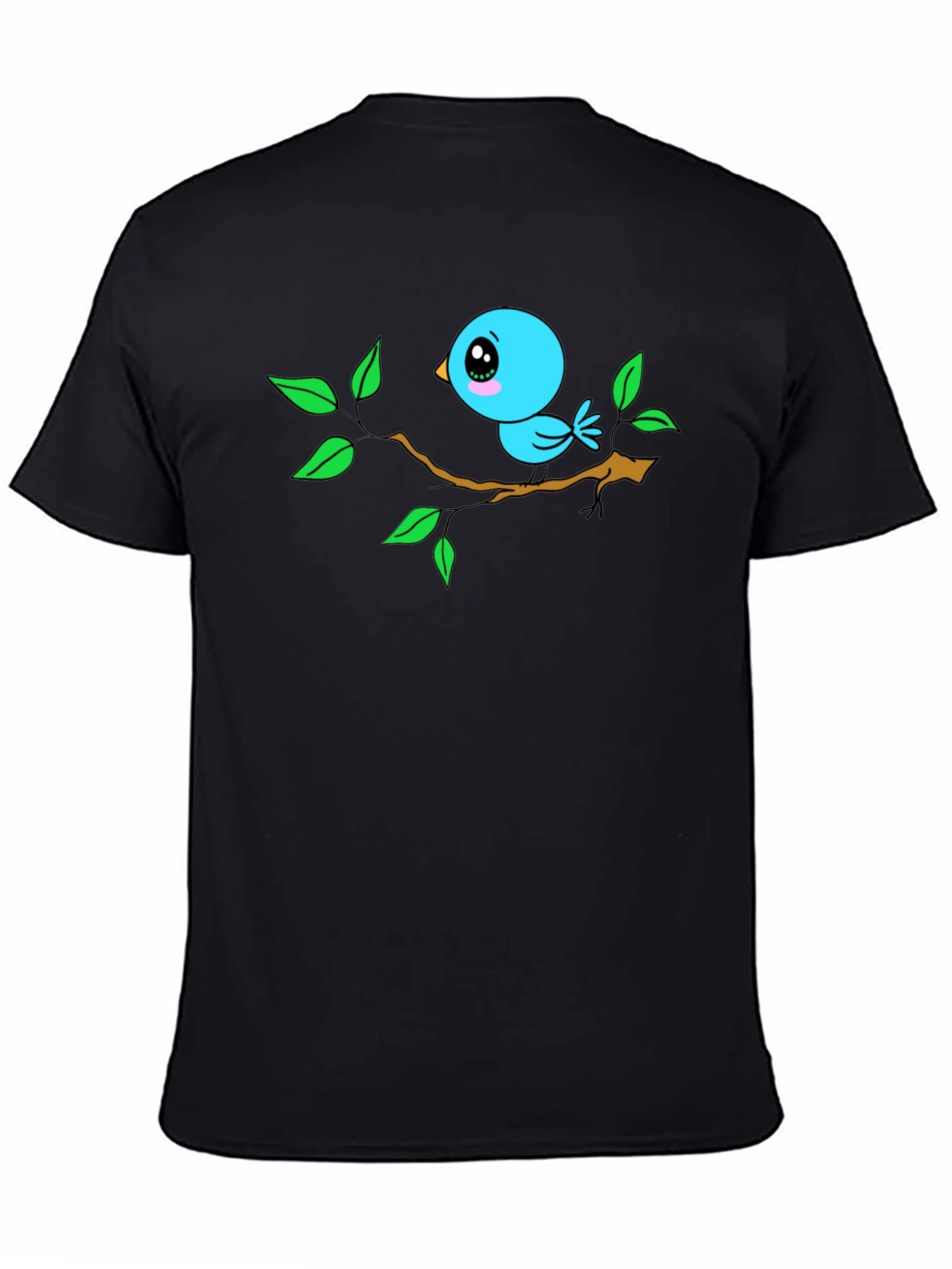 Cartoon Bird on Branch Black T-Shirt