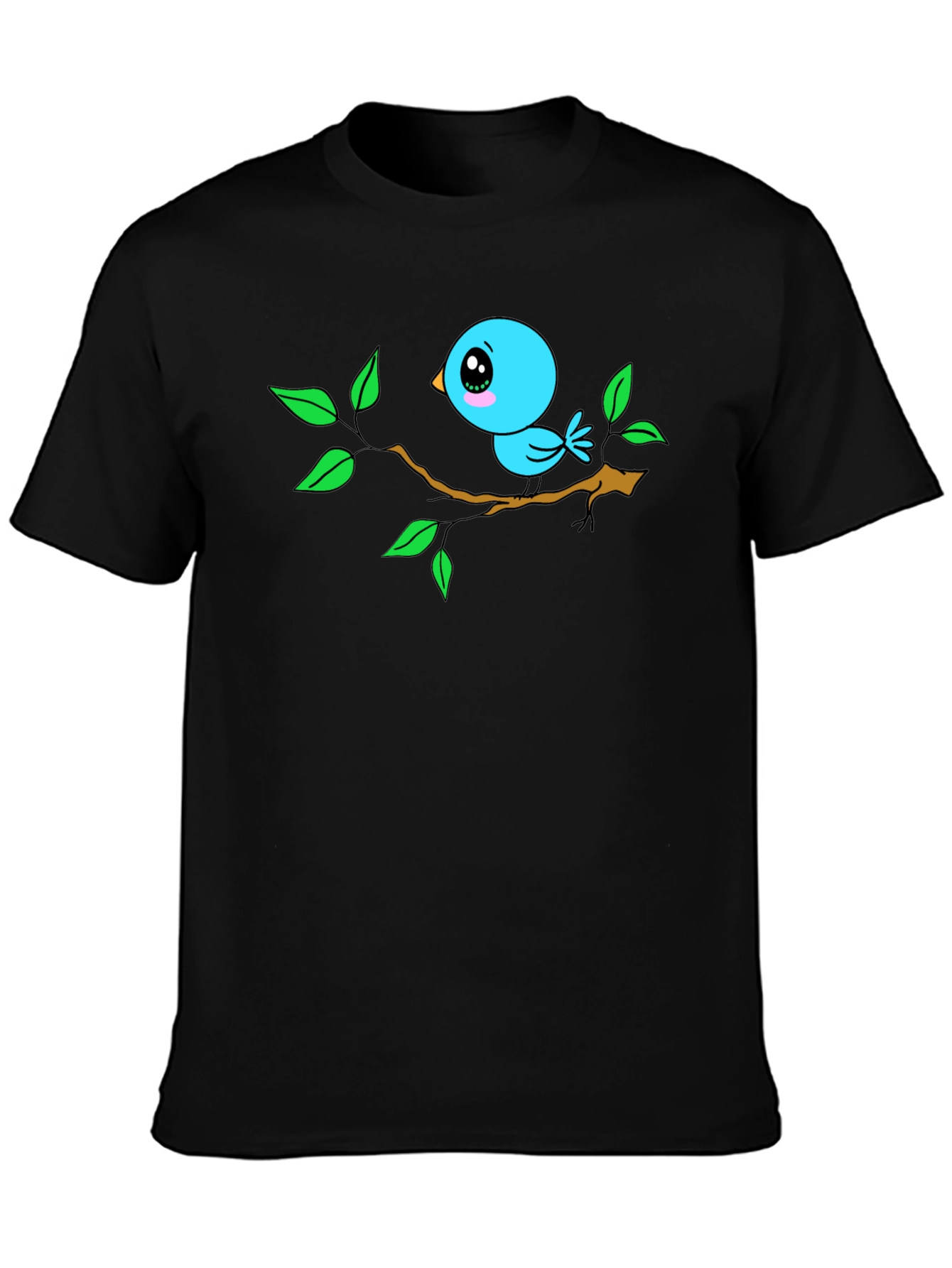 Cartoon Bird on Branch Black T-Shirt