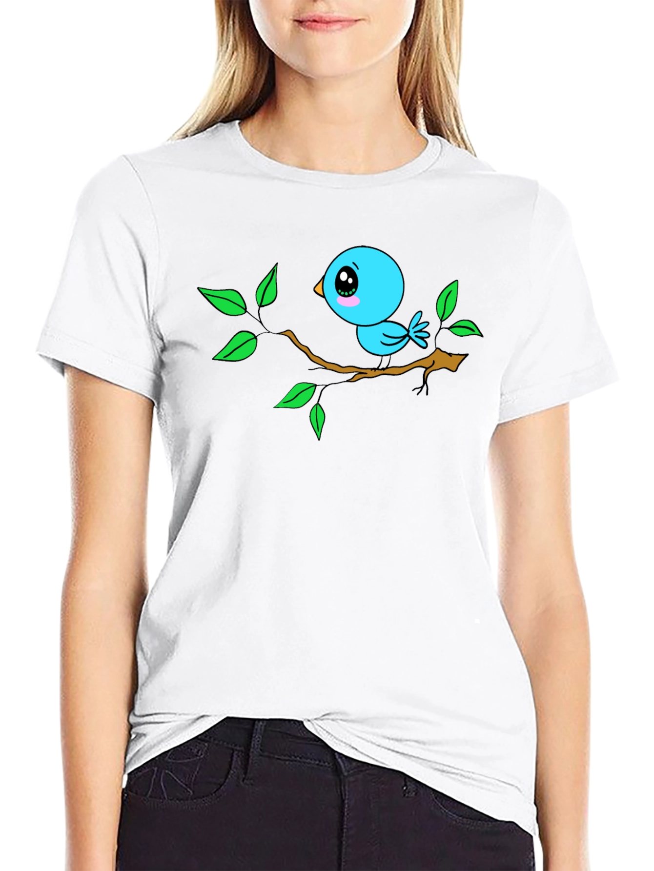 Cartoon Bird on Branch Black T-Shirt